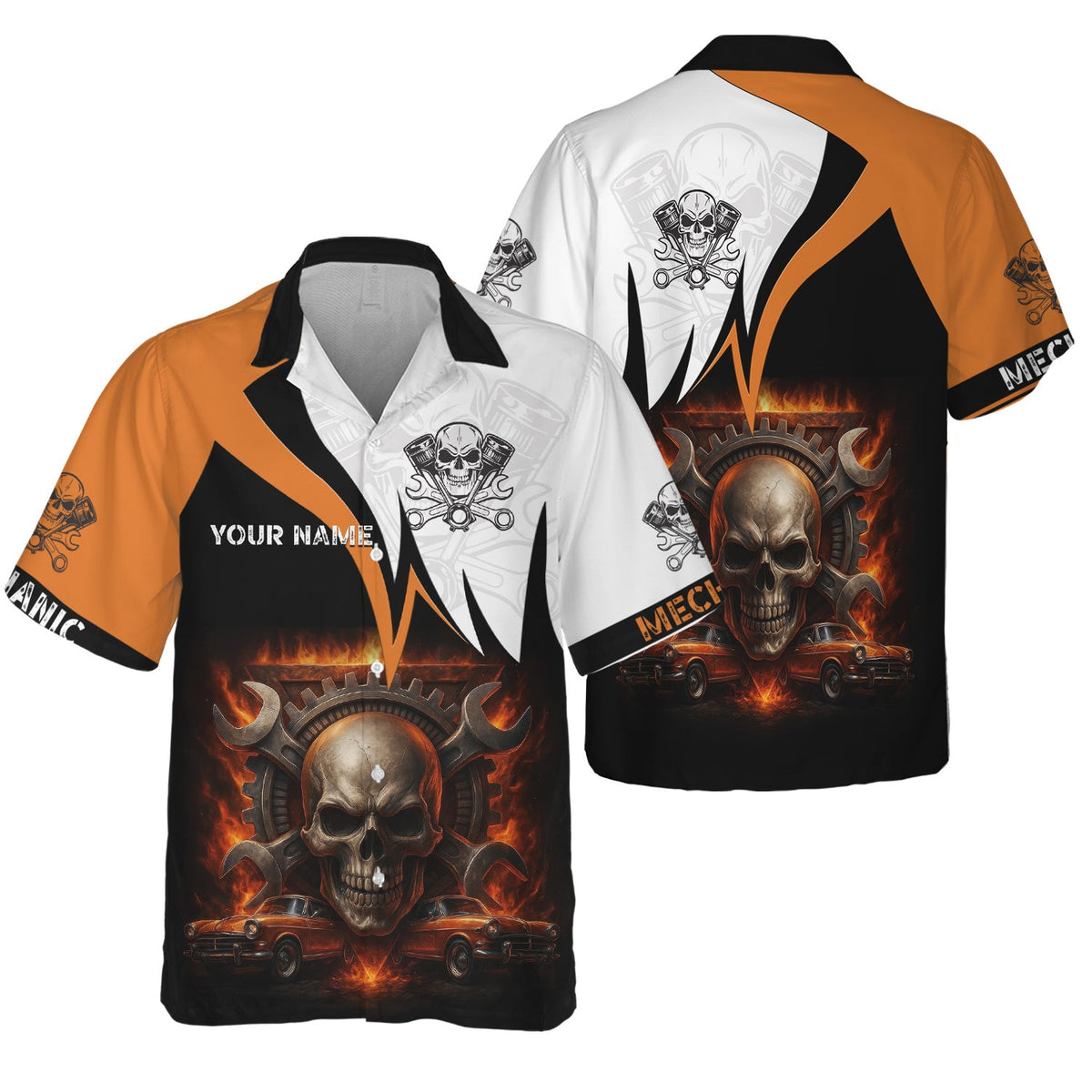 Blisscorners Custom Name Mechanic Shirt Flame Skull Wrench Gear Vintage Car Design T Shirt