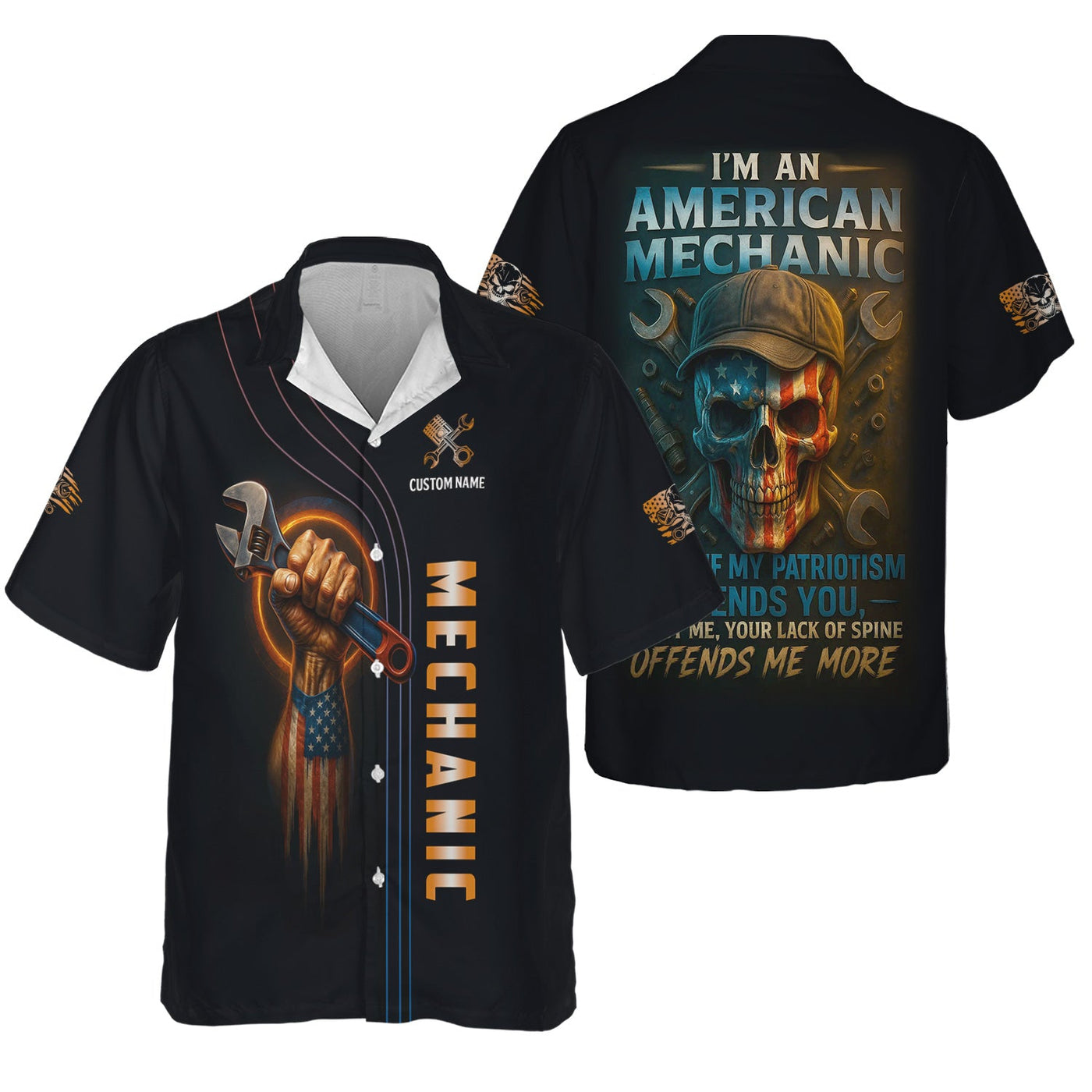 Blisscorners Personalized Mechanic Shirt, I'm An American Mechanic, USA Flag Skull Design, Gift For Men