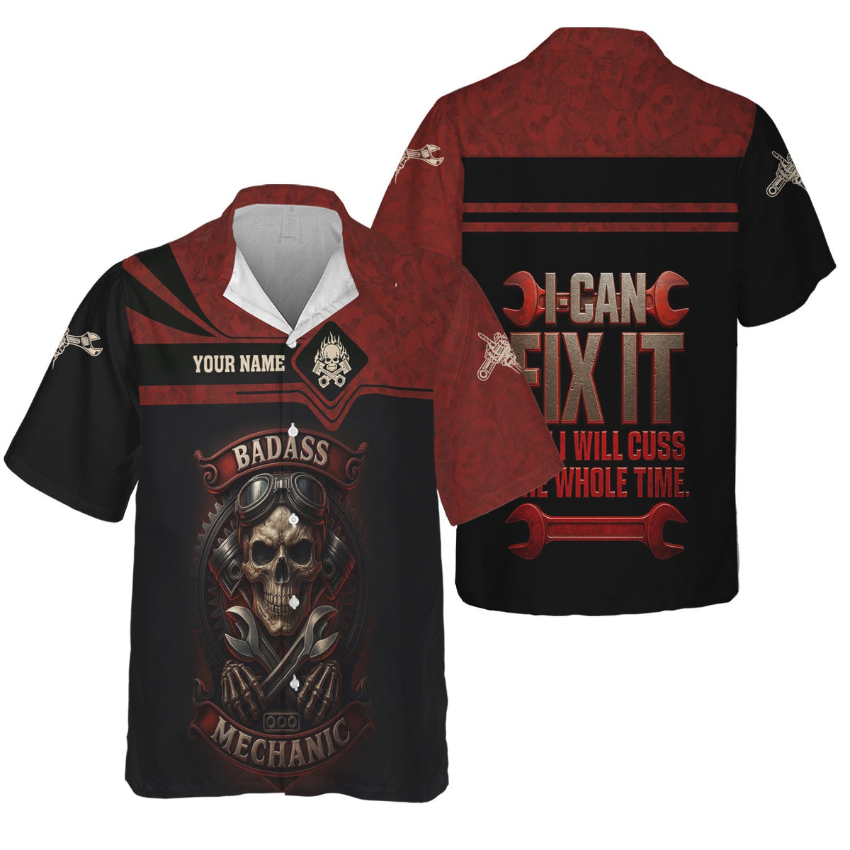 Blisscorners Personalized T-Shirt I Can Fix It But I Will Cuss The Whole Time Badas Mechanic Skull Style Shirt For Mechanics