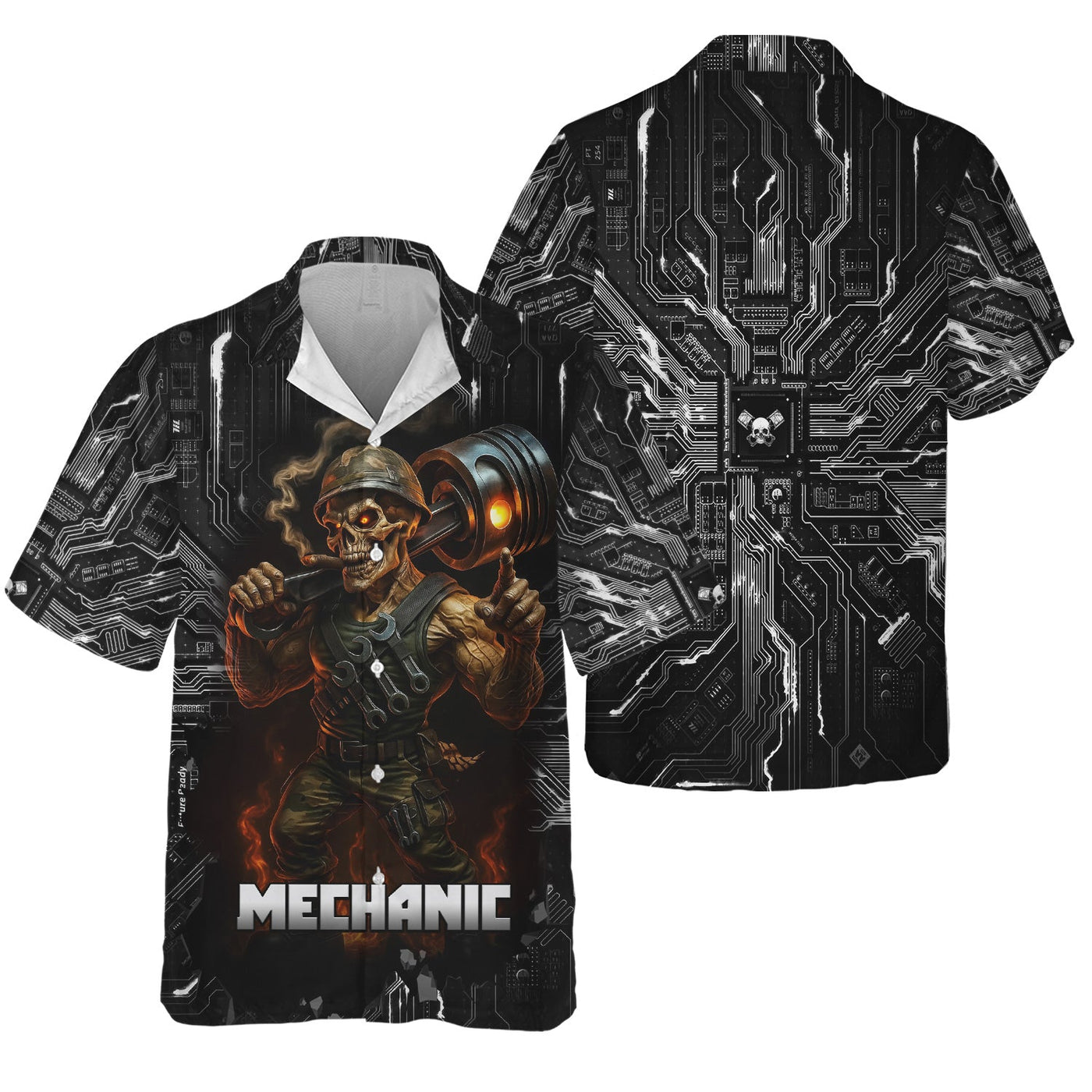 Blisscorners Mechanic Shirt Soldier Skull Holding Giant Engine Piston Design T Shirt All Over Printed