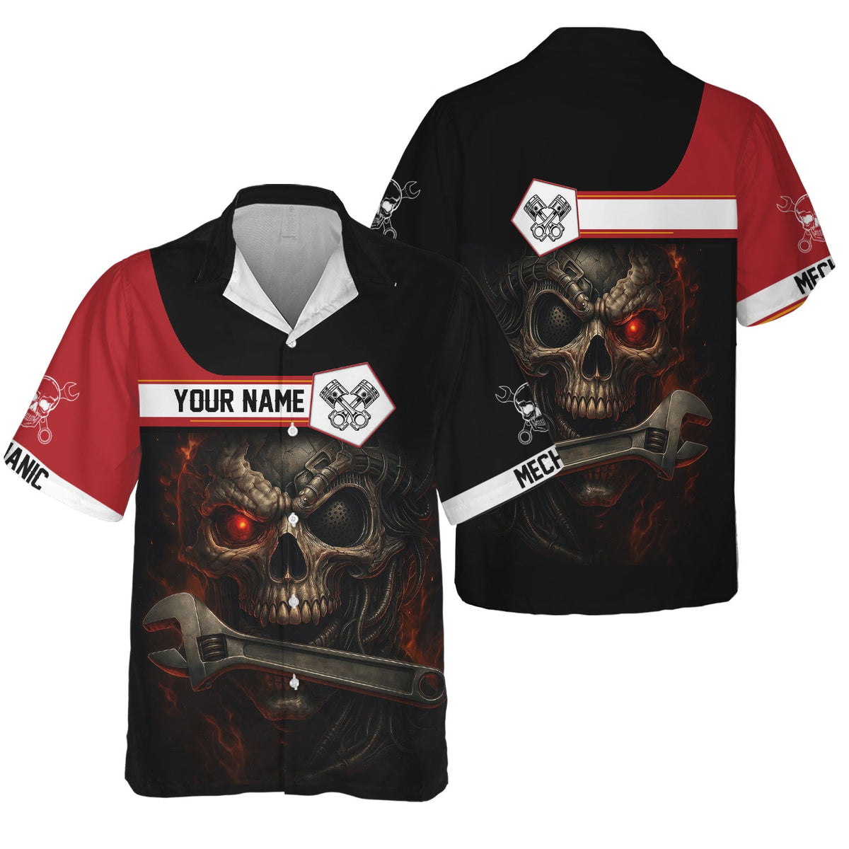 Blisscorners Custom Name Mechanic Shirt Cyber Skull with Wrench Design T Shirt