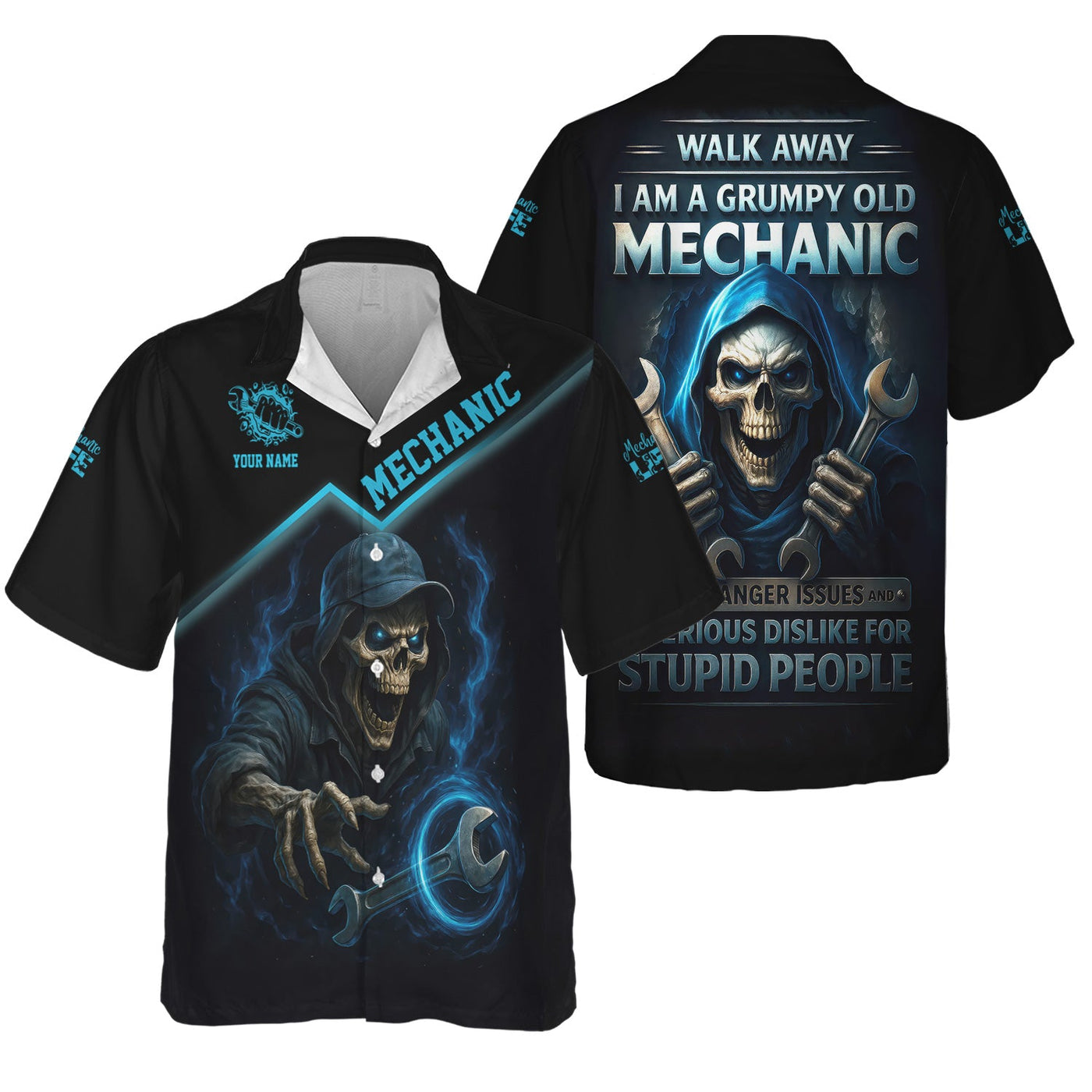 Blisscorners Personalized T-Shirt I Am A Grumpy Old Mechanic Blue Flame Grim Reaper Design Shirt For Mechanics