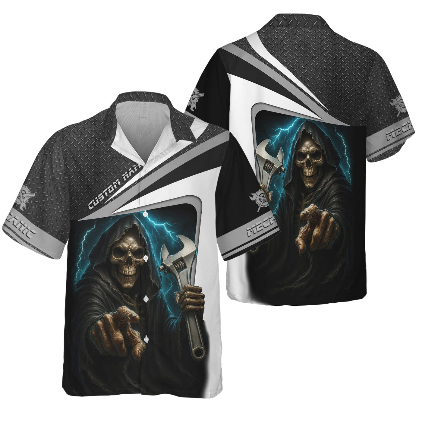 Blisscorners Custom Name Mechanic Shirt Grim Reaper Holding Wrench with Thunder Design T Shirt
