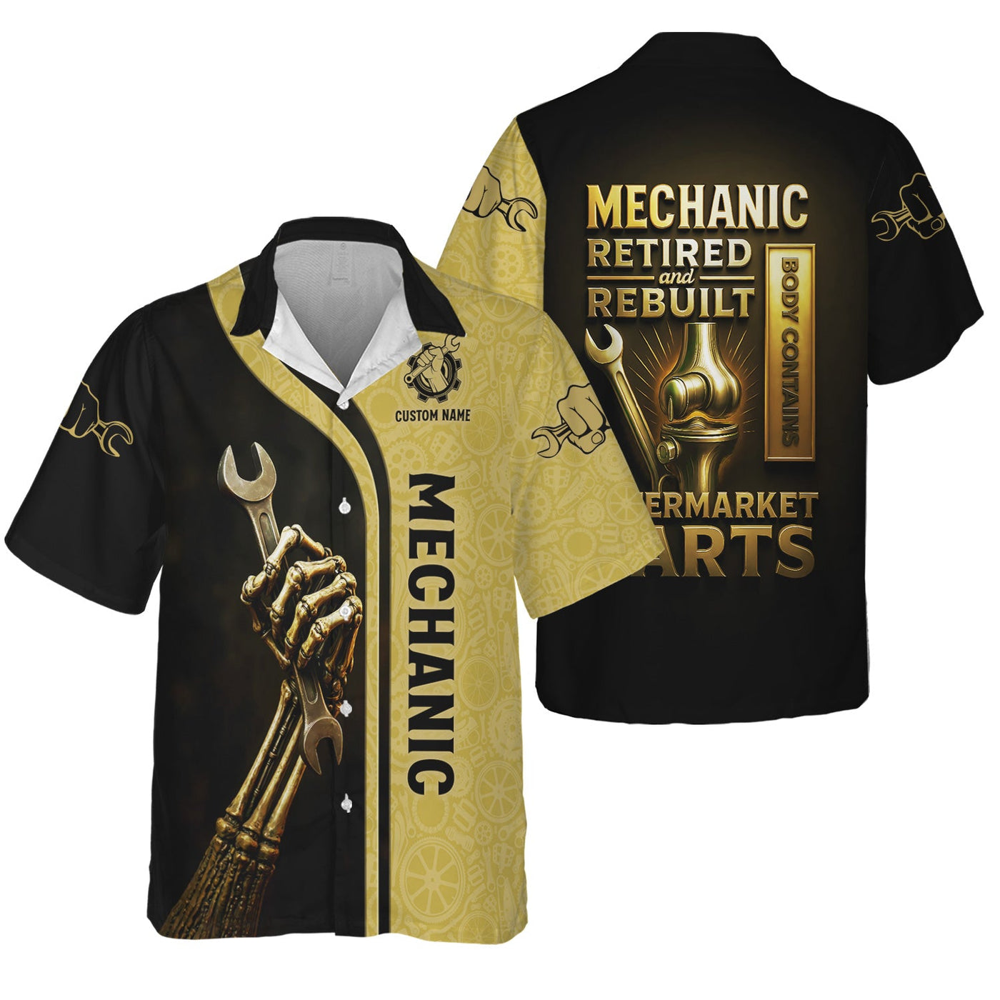 Blisscorners Personalized T-Shirt Mechanic Retired And Rebuilt Body Contains Aftermarket Parts Bony Hand Design Shirt