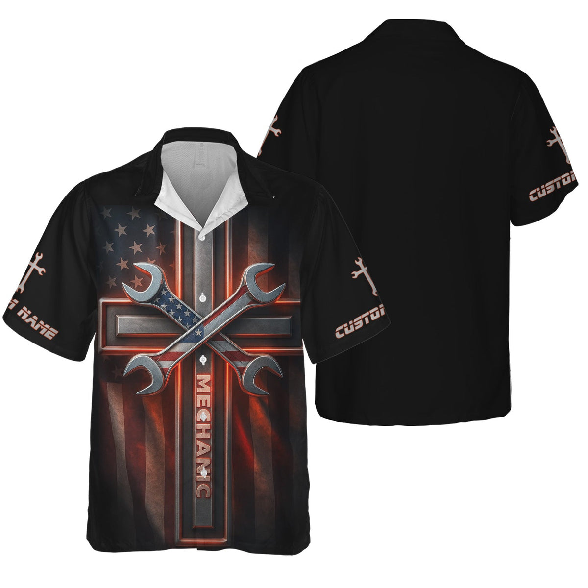 Blisscorners Custom Name Mechanic Shirt Wrench The Cross with USA Flag Design T Shirt
