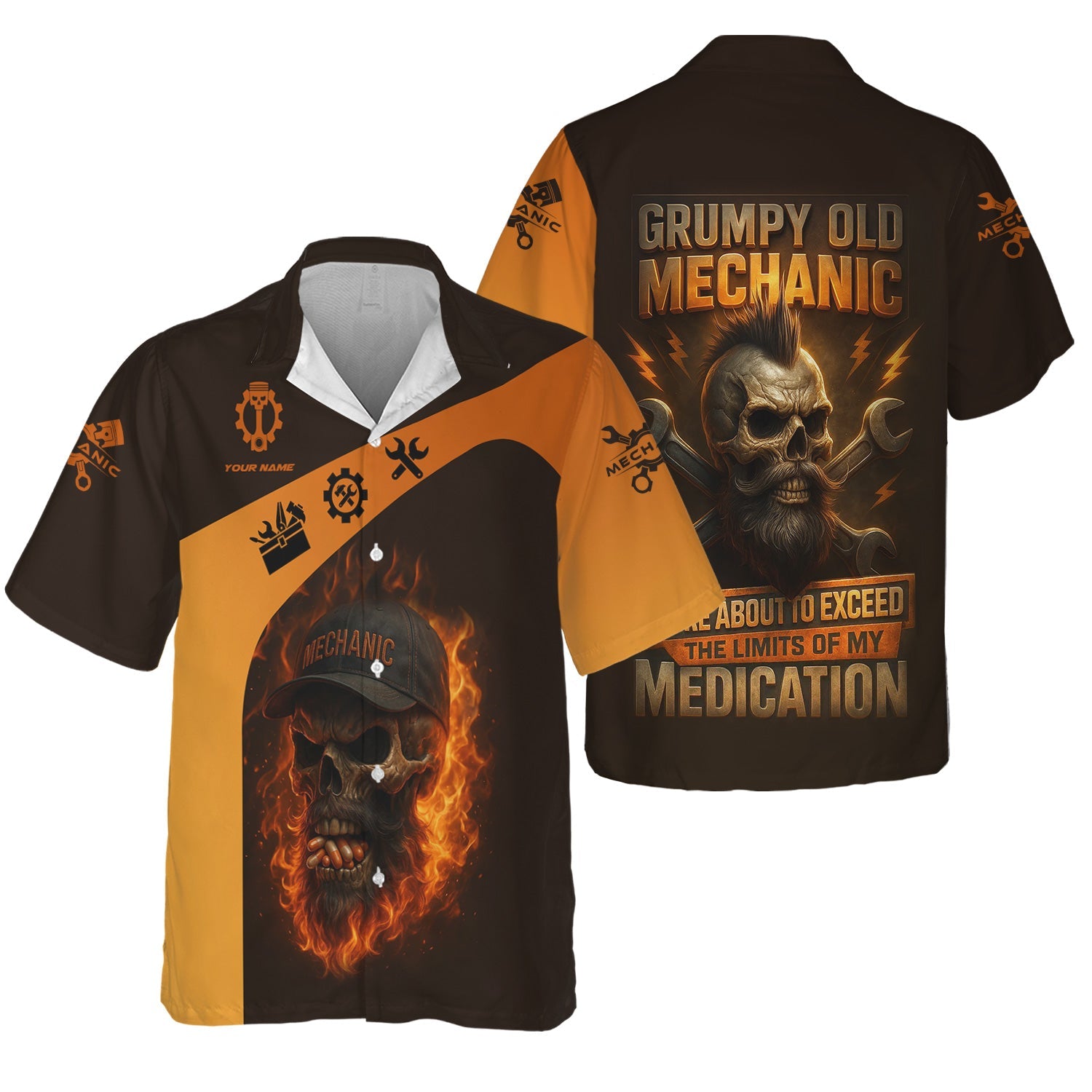 Blisscorners Personalized T-Shirt Grumpy Old Mechanic You're About To Exceed The Limits Of My Medication Flame Skull Design Shirt