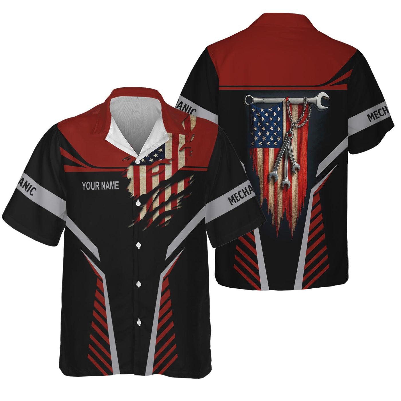 Blisscorners Personalized Mechanic Shirt, Wrenches and America Flag Design, Mechanic Uniforms, Gift For Men