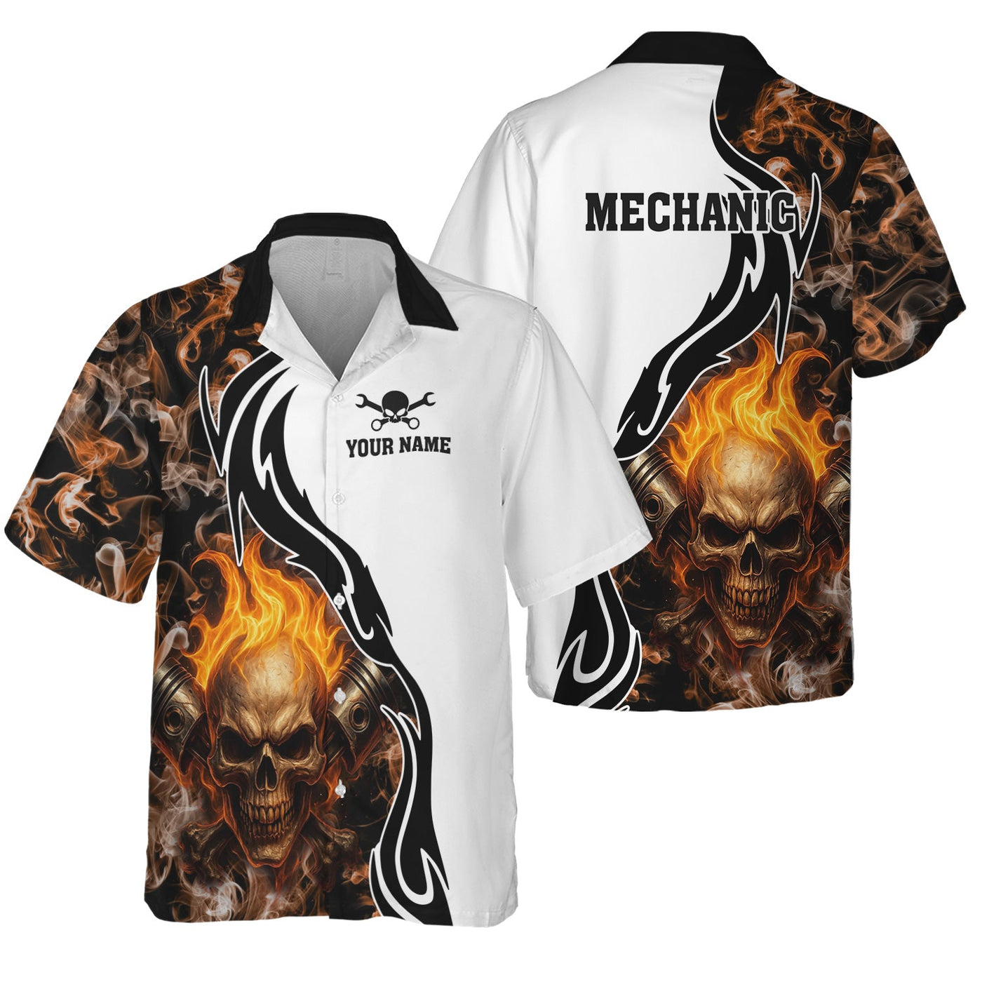 Blisscorners Personalized Mechanic Shirt, Skull Engine Piston Flame Design, Mechanic Uniforms, Gift For Men