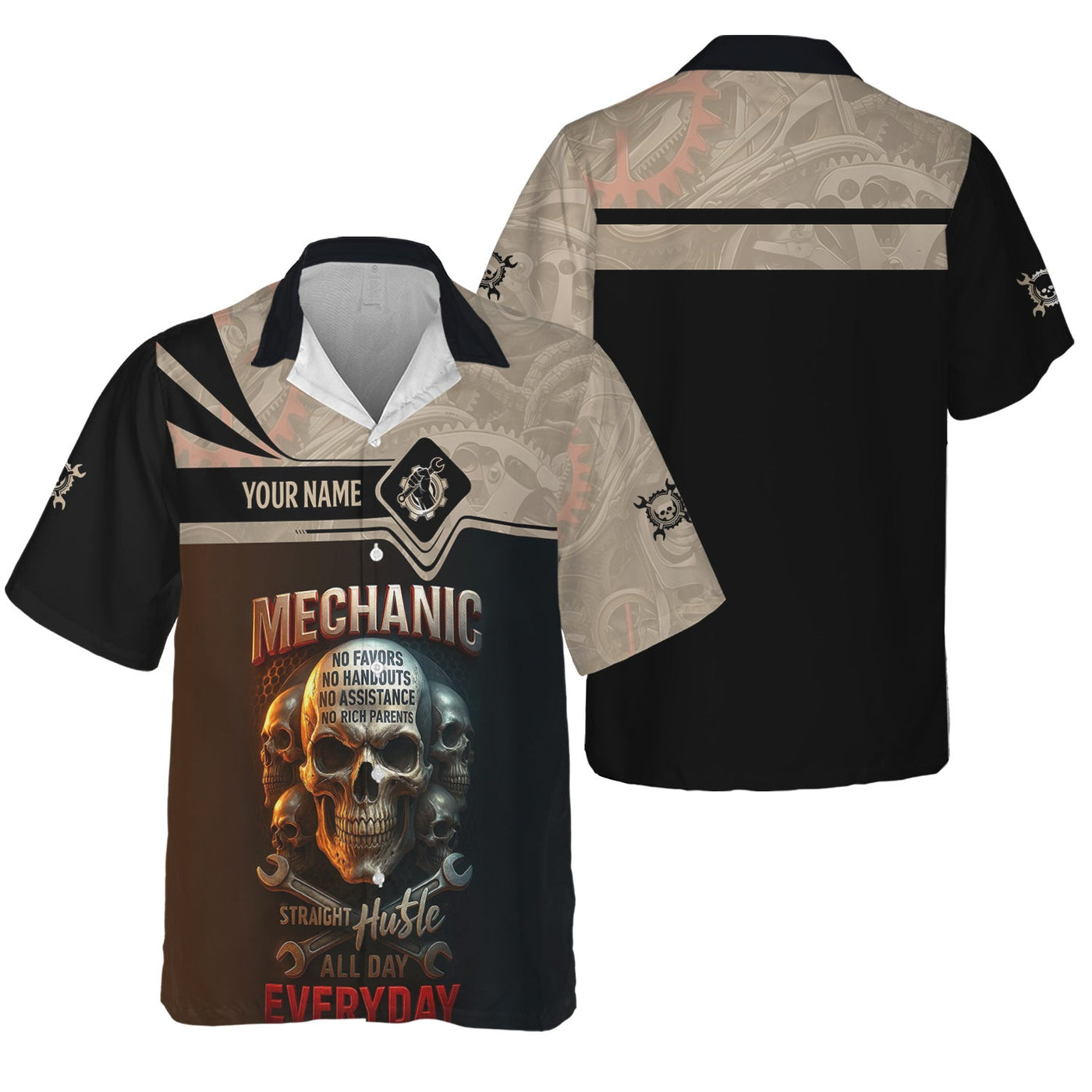 Blisscorners Personalized Mechanic Shirt, Straight Hustle All Day Everyday, Skull and Wrenchs Design, Gift For Men