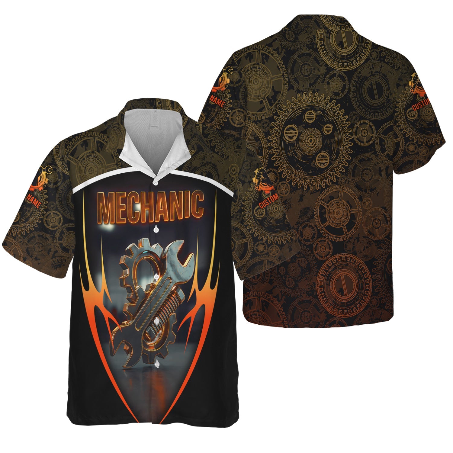 Blisscorners Personalized Gear And Wrench Mechanic Shirt, Custom Name Work Shirt For Auto Repair, Garage And Engineering Professionals