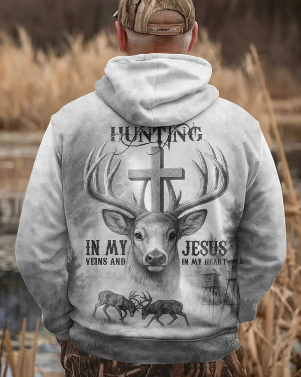Blisscorners I've Got Hunting In My Veins And Jesus In My Heart Grey Shirt, Personalized Hunting 3D Shirt