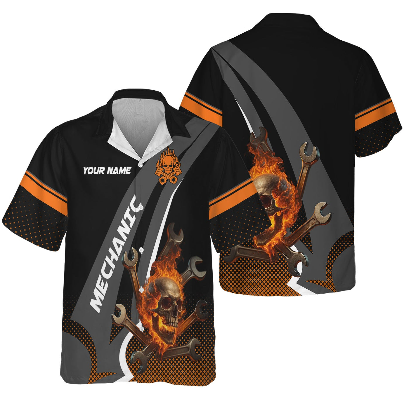 Blisscorners Personalized Mechanic Shirt, Skull Wrenches Flame Design, Mechanic Uniforms, Gift For Men