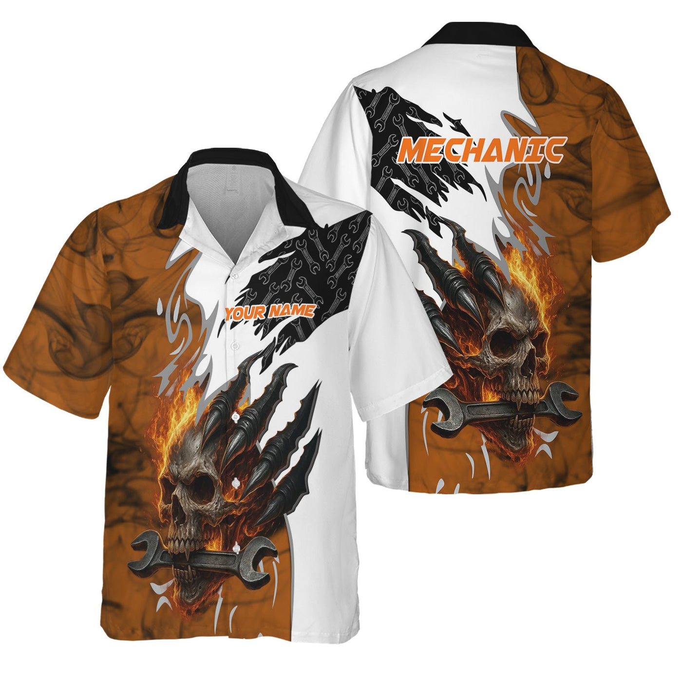 Blisscorners Personalized Mechanic Shirt, Skull Wrench Flame Claw Design, Mechanic Uniforms, Gift For Men