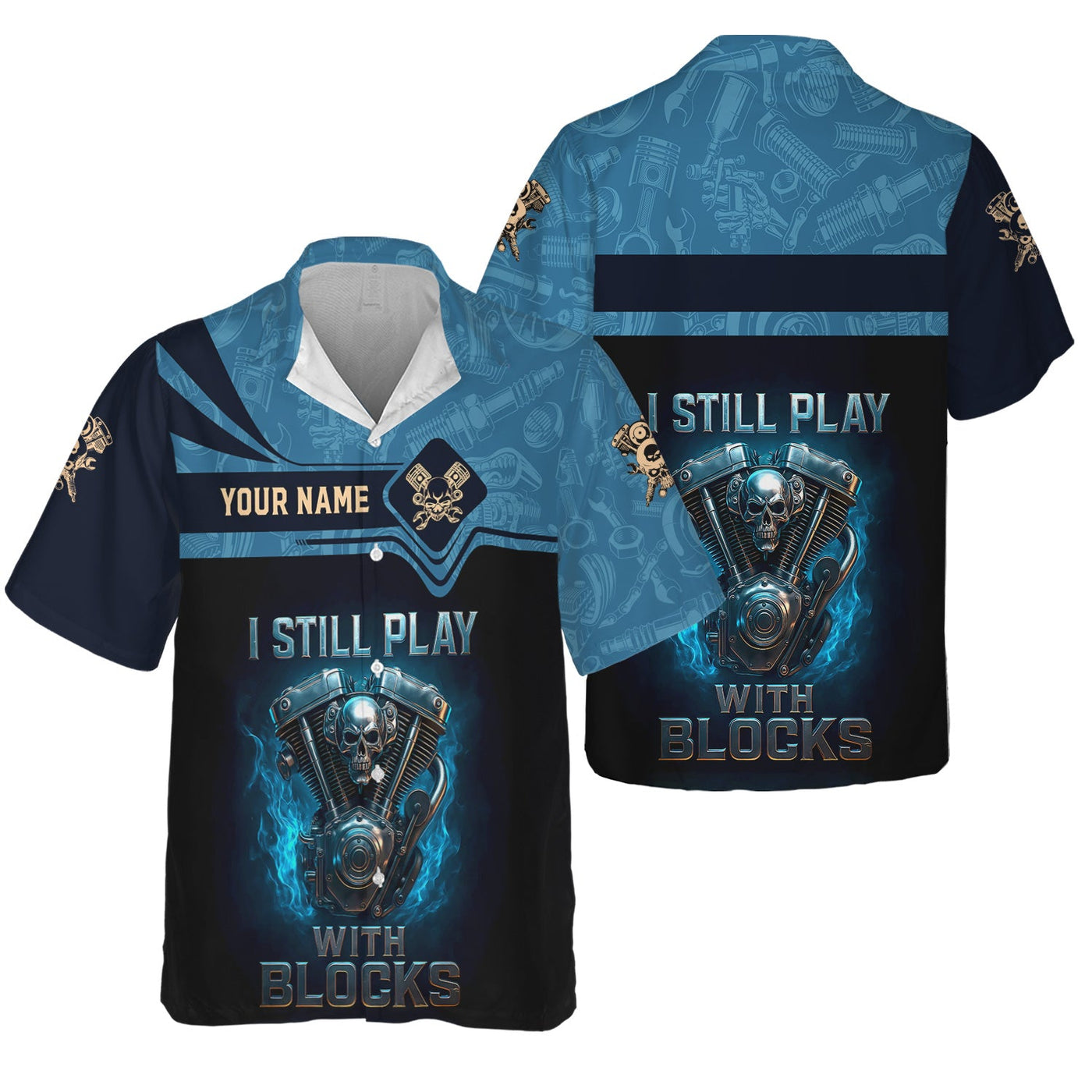 Blisscorners Personalized T-Shirt I Still Play With Blocks Flame Engine Skull Design Shirt for Mechanics