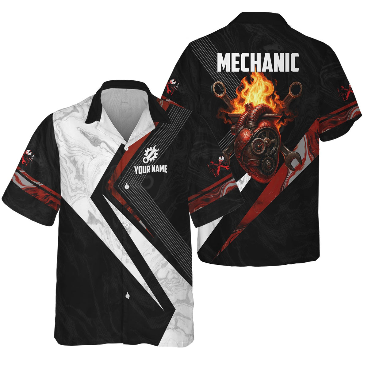 Blisscorners Custom Name Mechanic Shirt Mechanic Heart Fire Printed Mechanic T Shirt