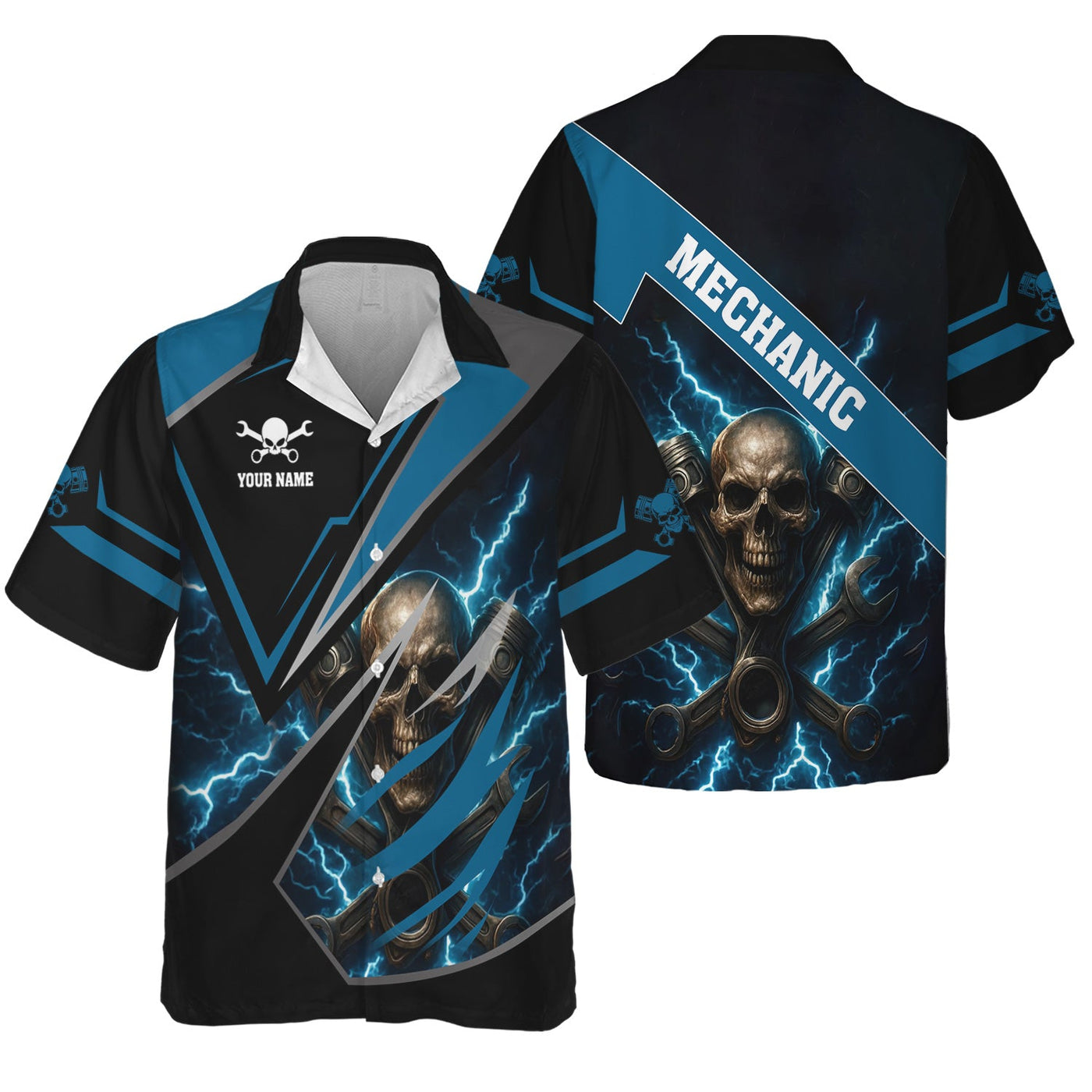 Blisscorners Personalized Mechanic Shirt, Skull Engine Piston Wrench Lighting Design, Mechanic Uniforms, Gift For Men