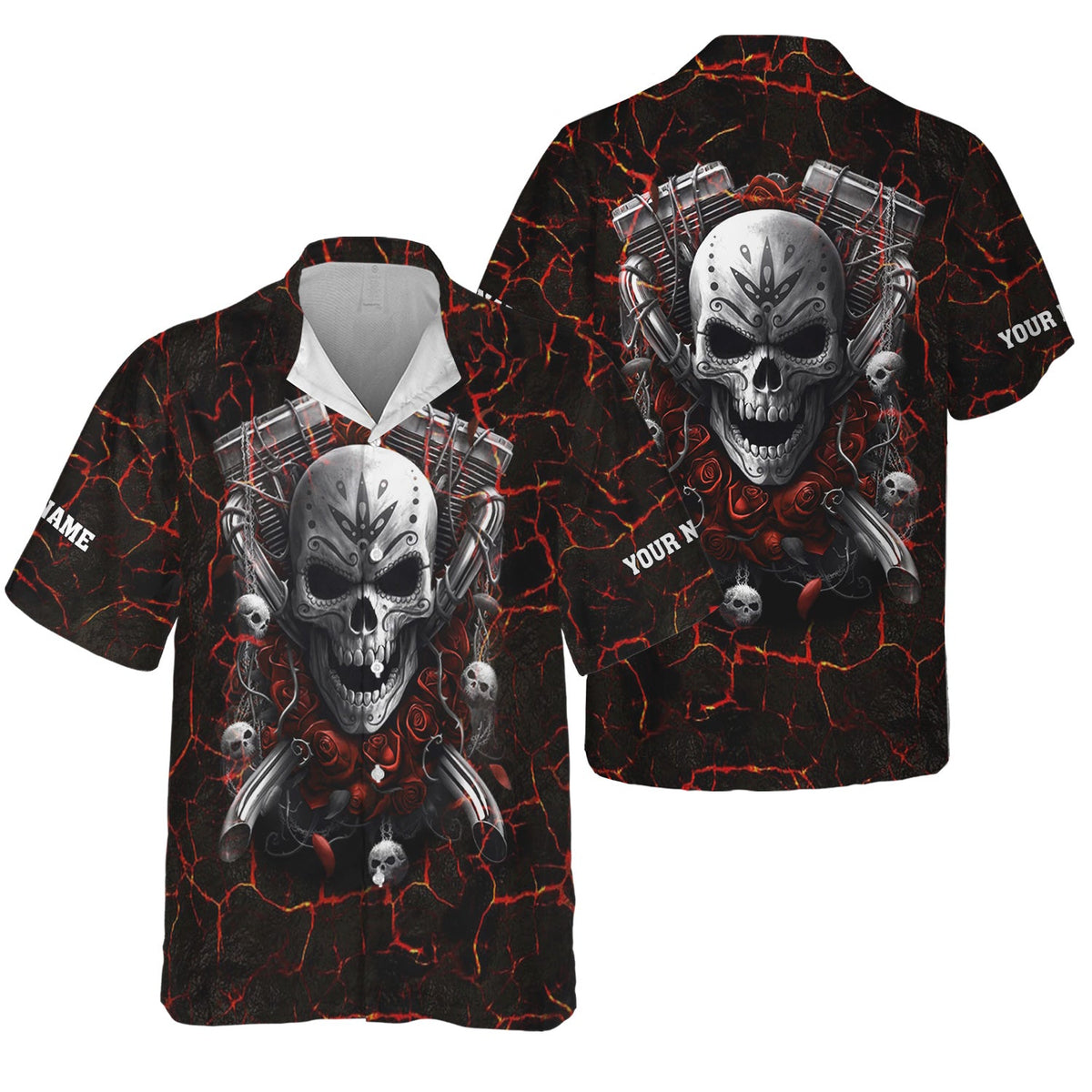 Blisscorners Custom Name Mechanic Shirt Machine Skull Flame Style T Shirt All Over Print