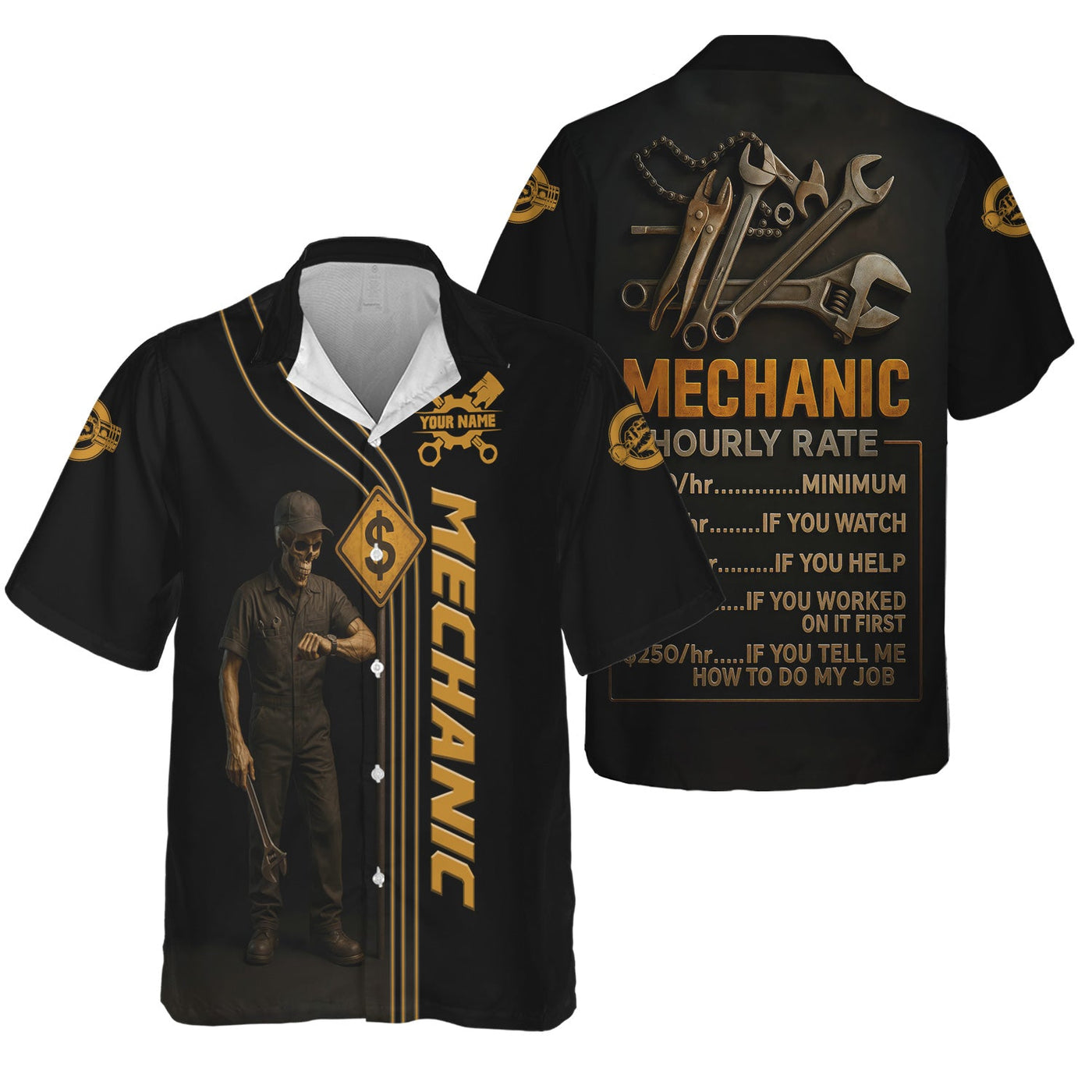 Blisscorners Personalized T-Shirt Mechanic Hourly Rate Skull Looking Watch Design Shirt for Mechanics