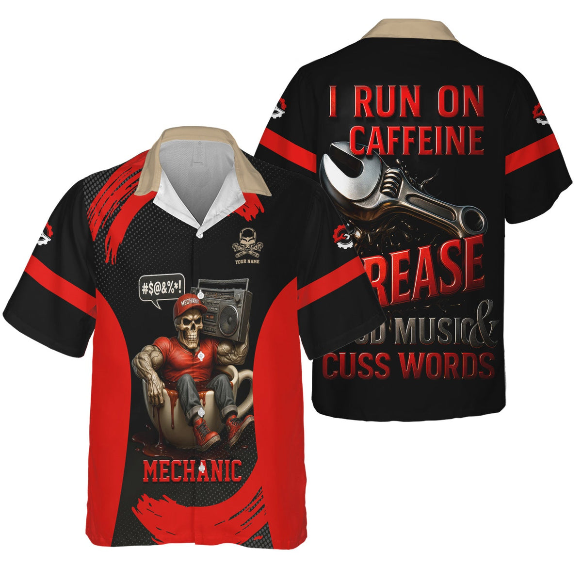 Blisscorners Custom Name Mechanic T-Shirt, I Run On Caffeine Grease Loud Music & Cuss Words, Funny Skull Graphic Tee for Auto Repair, Garage, Car Lovers