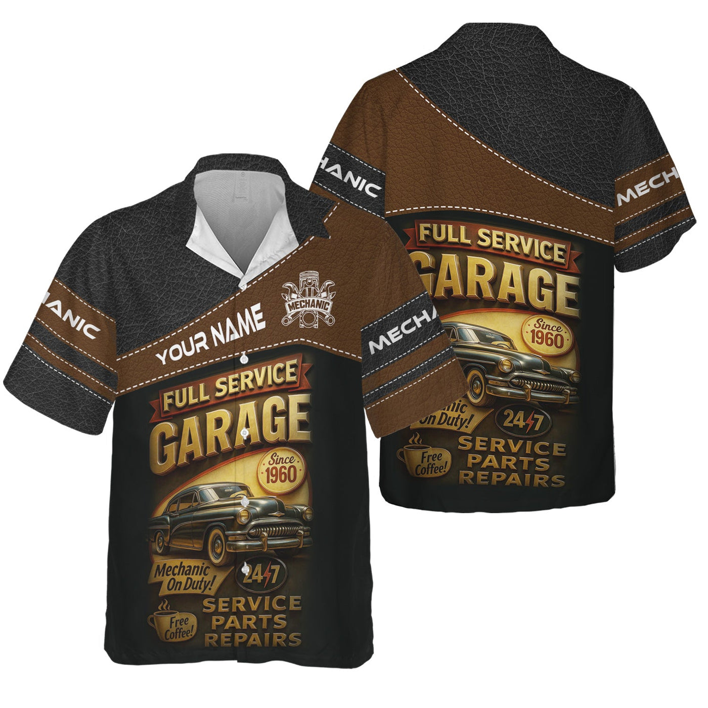 Blisscorners Personalized Mechanic Shirt, Full Service Garage Mechanic On Duty, Leather Printed Design, Custom Year, Gift For Men
