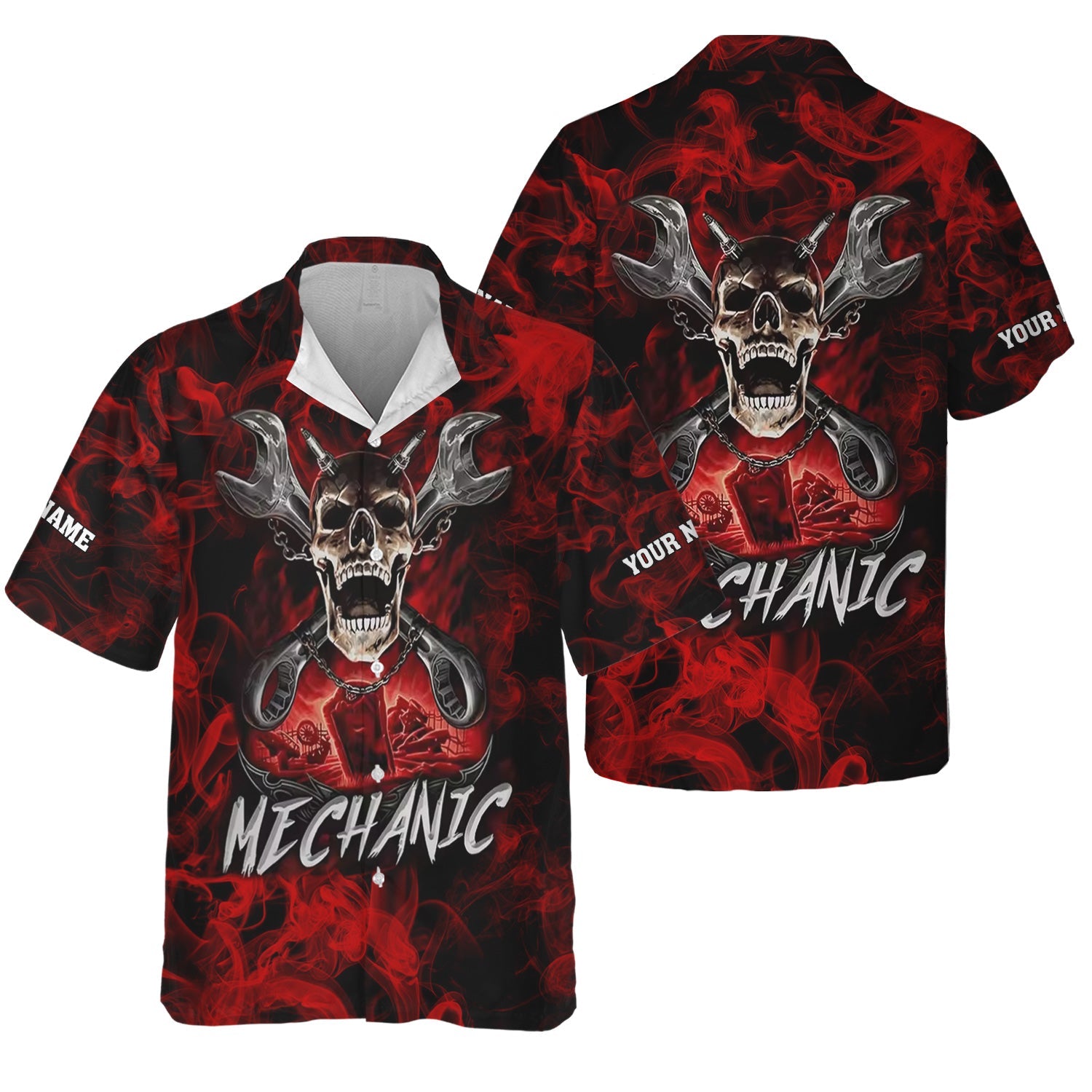Blisscorners Custom Name Skull Wrench Cross Mechanic Shirt Smoking Style Printed Jacket Hoodie All Over Print