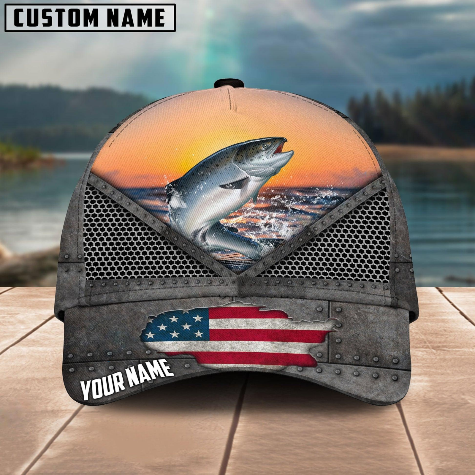 Blisscorners Salmon Fishing Sunset Customized Name 3D Cap