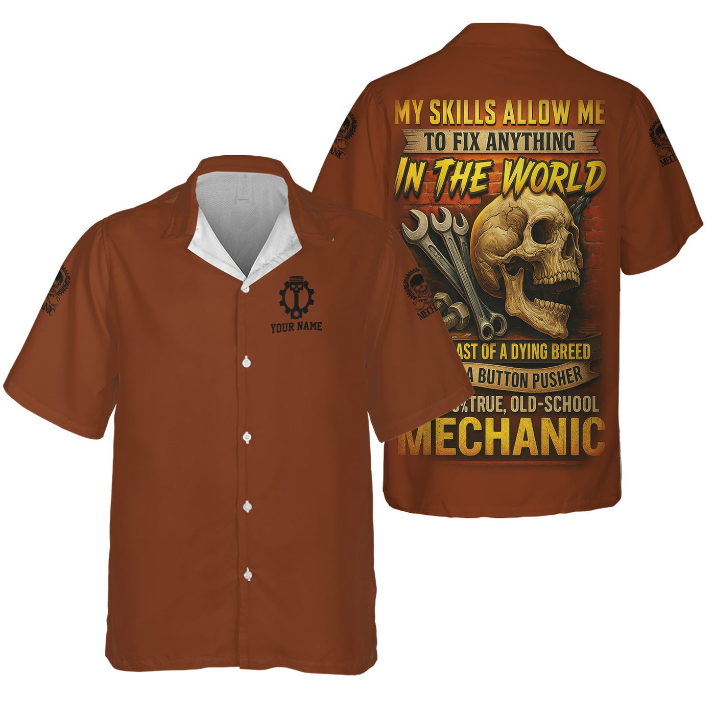 Blisscorners Personalized Mechanic Shirt, My Skills Allow Me To Fix Anything In The World, Skull and Wrench Design, Gift For Men