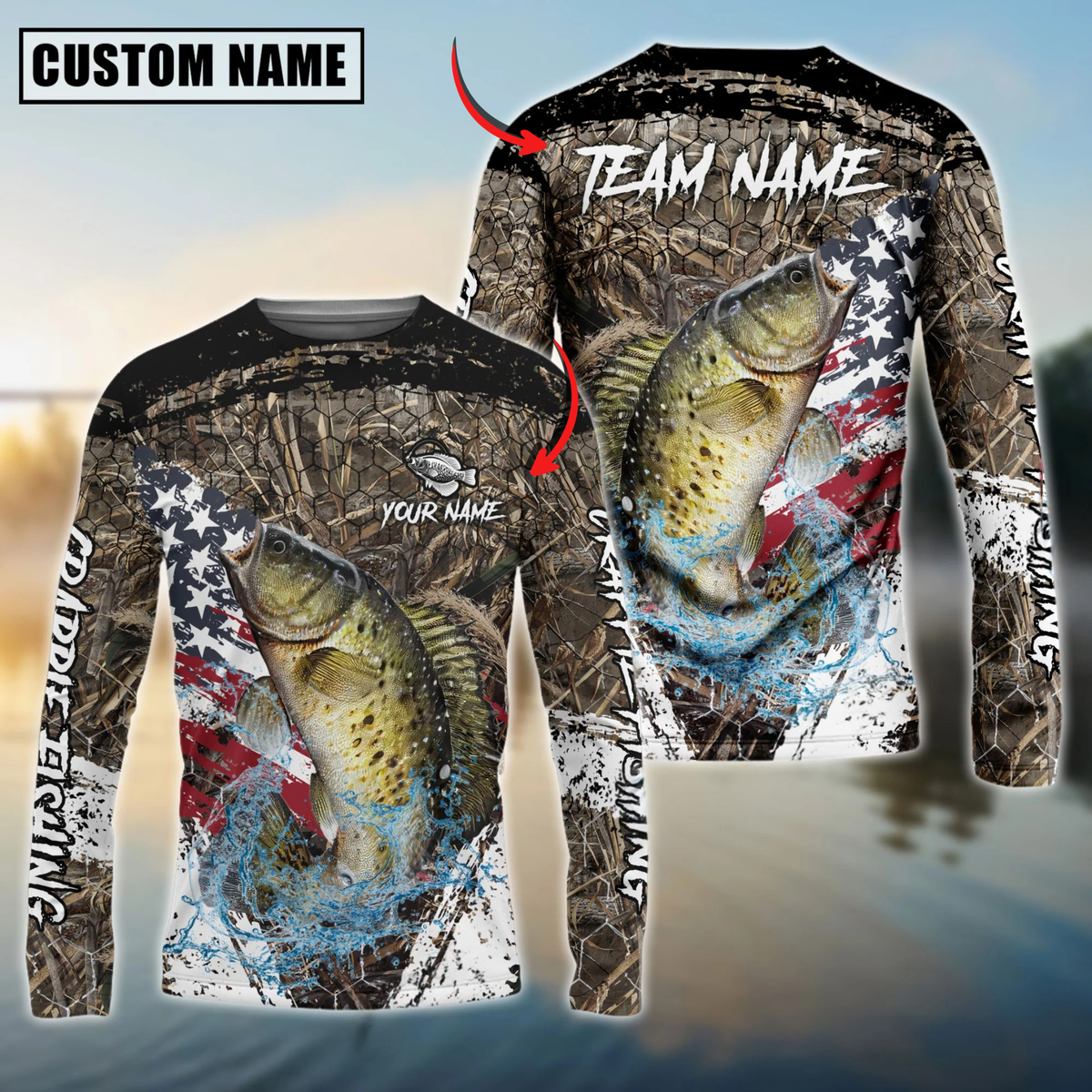 Blisscorners Crappie Fishing American Flag Scratch Grass Camo Custom Name & Team Name 3D Shirts