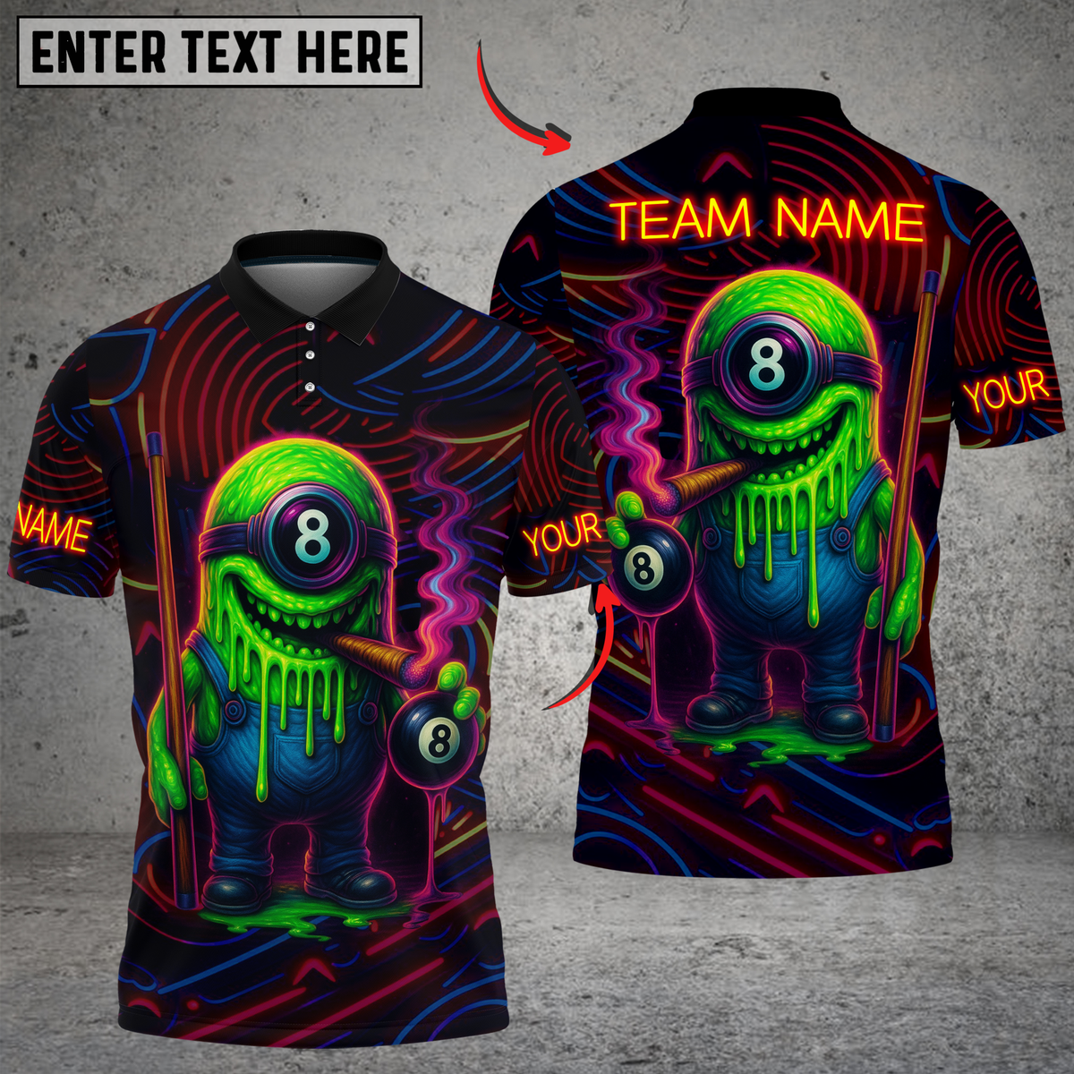 Blisscorners Billiards Neon Monster with 8-Ball Multicolor Customized Name, Team Name 3D Shirt