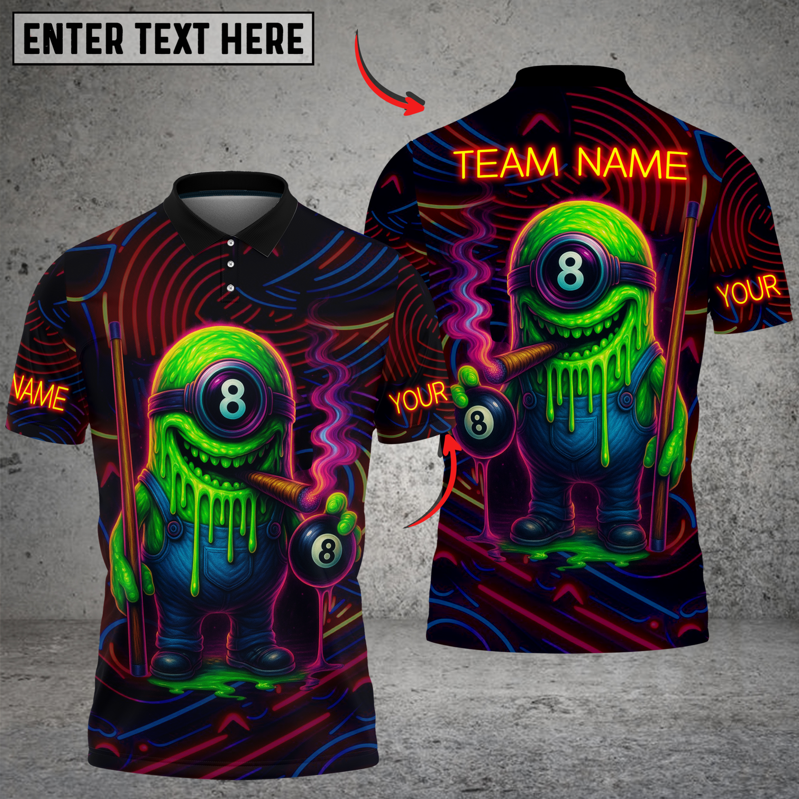 Blisscorners Billiards Neon Monster with 8-Ball Multicolor Customized Name, Team Name 3D Shirt