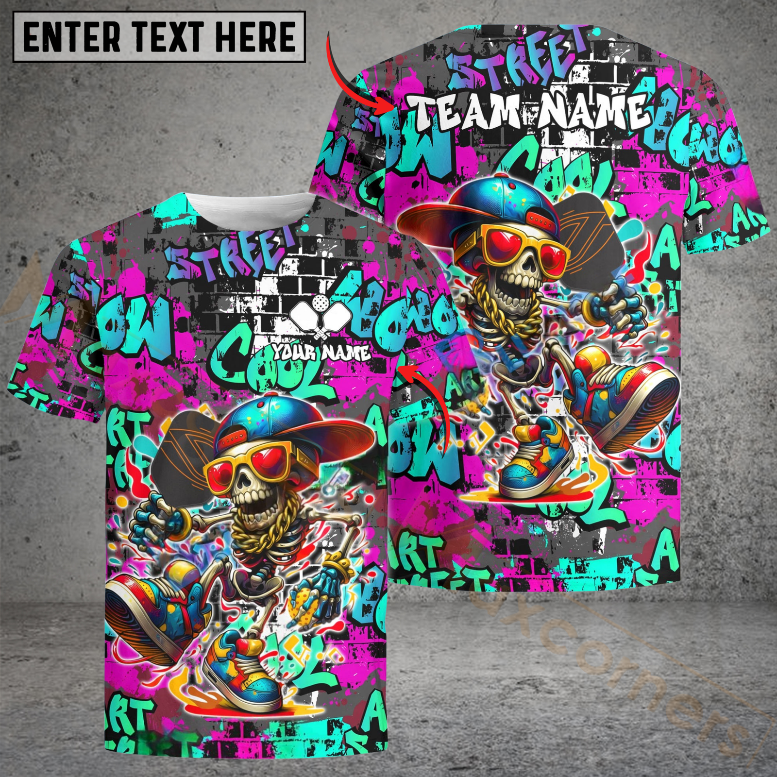 Blisscorners Personalized Street Graffiti Skull Pickleball Name & Team Name 3D Shirts (4 Colors)