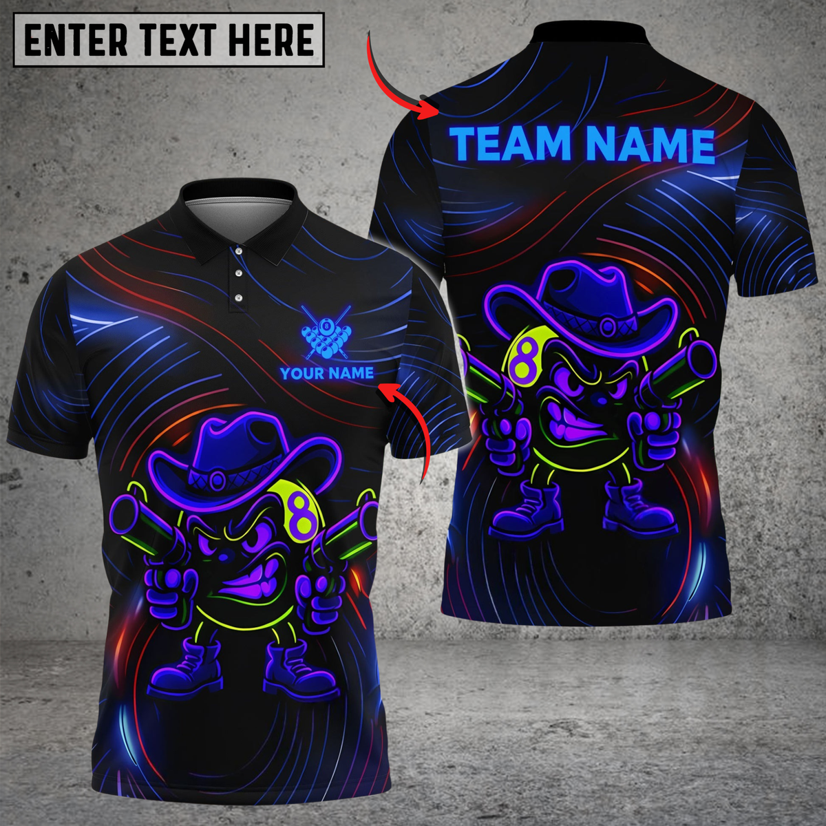 Blisscorners Billiards Ball 8 Neon Cowboy Customized Name, Team Name 3D Shirt (4 Colors)