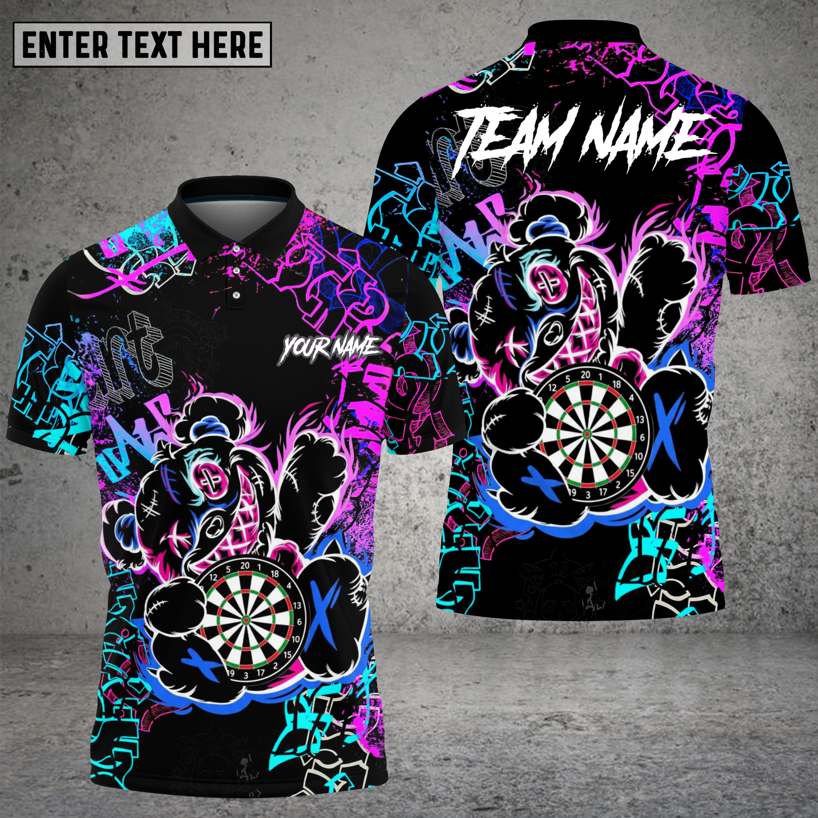 Blisscorners Graffiti Bear Dartboard Neon Splash Multioptions Personalized Name, Team Name Unisex 3D Shirt (4 Colors)