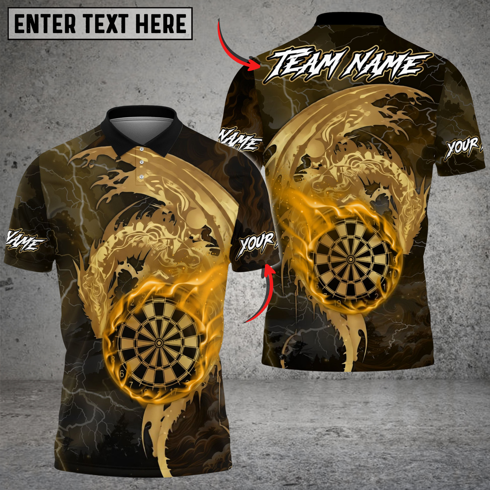 Maxcorners Darts Golden Dragon Flowing Ornamental Art Multicolor Options Personalized Name Shirt (6 Colors)