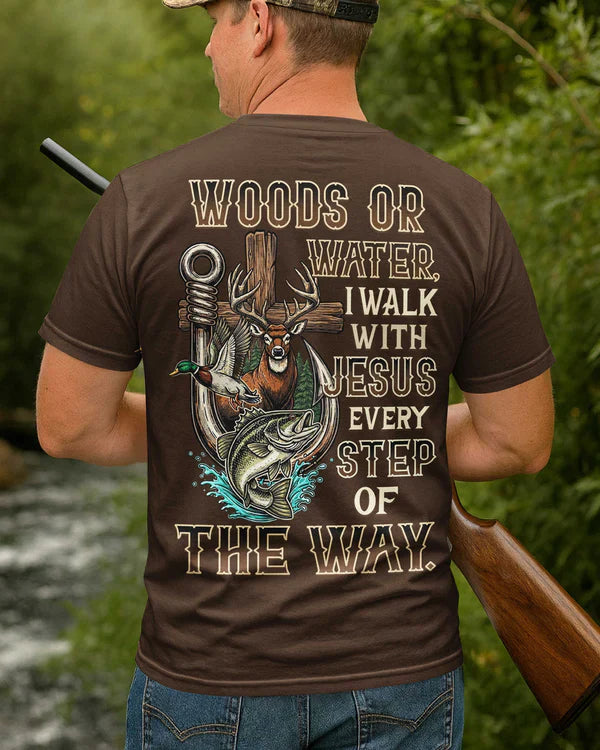 Blisscorners Woods Or Water I Walk With Jesus Shirt, Personalized Hunting 3D Shirt - Brown