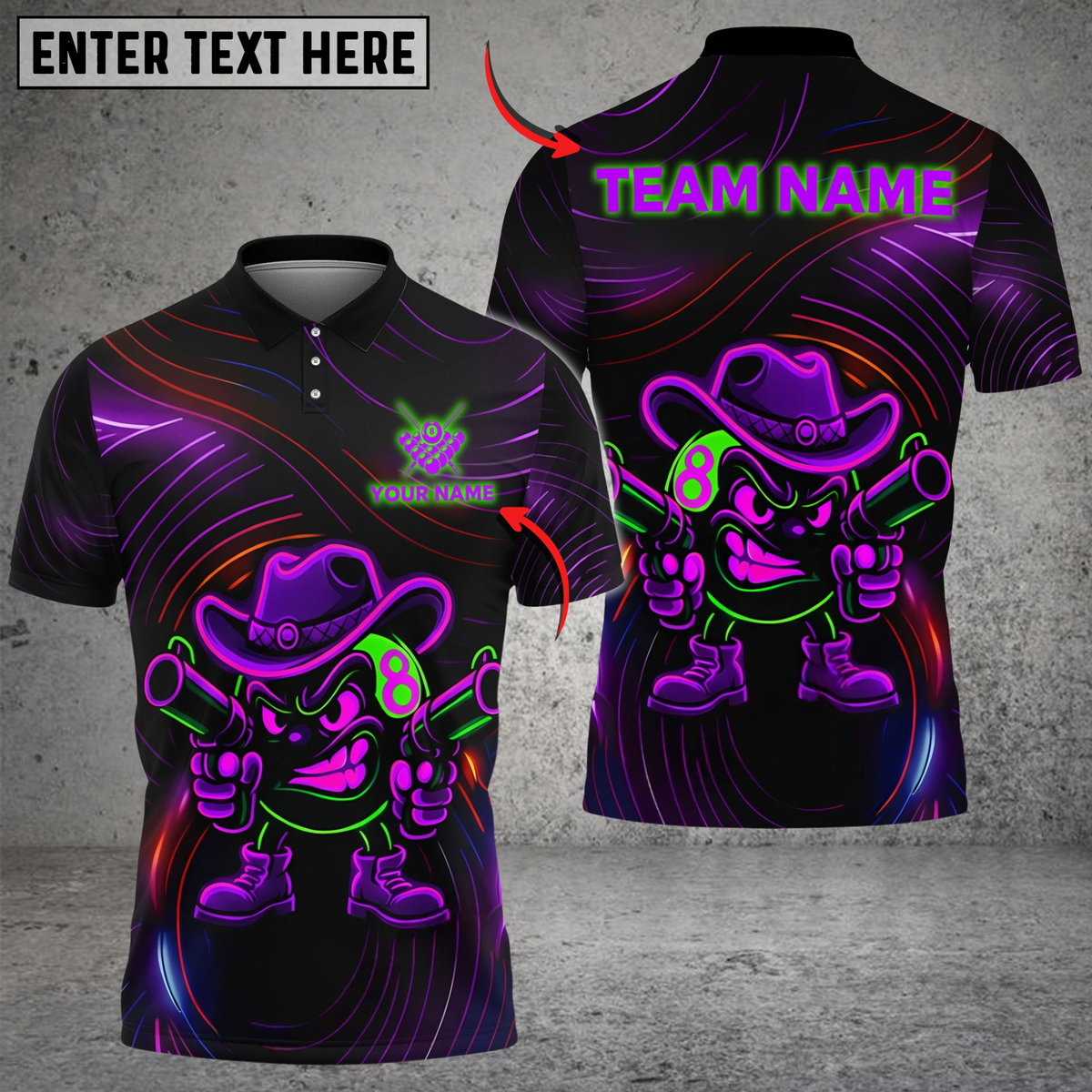 Blisscorners Billiards Ball 8 Neon Cowboy Customized Name, Team Name 3D Shirt (4 Colors)
