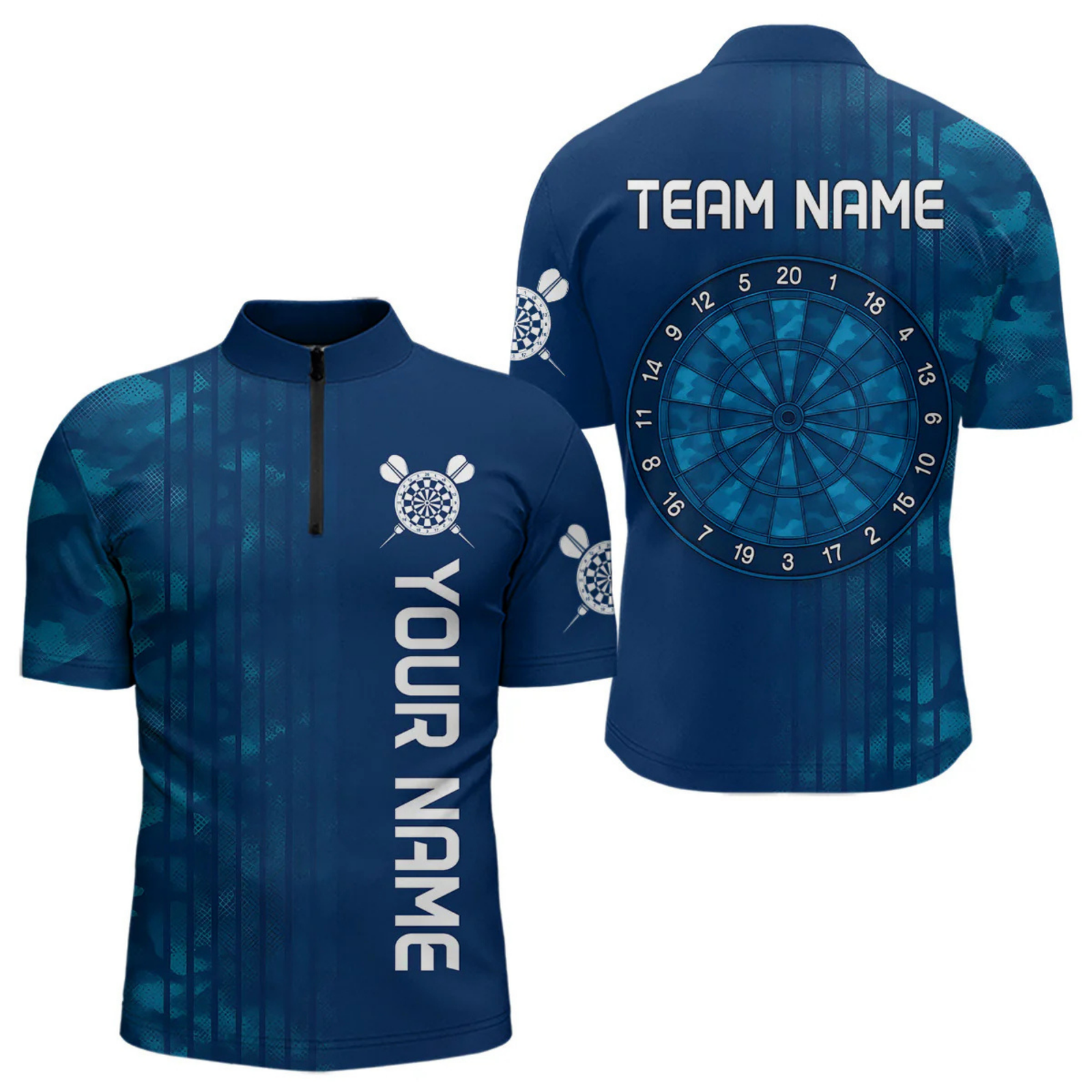 Blisscorners Men’s Darts Team Shirt - Navy Camo Pattern And Dartboard | Custom Name Option LM2404