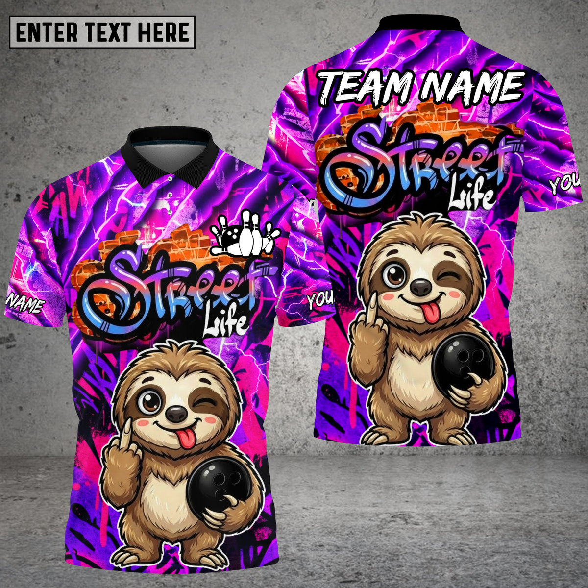 Blisscorners Street Life Sloth Bowling Neon Graffiti Multioptions Personalized Name, Team Name Unisex 3D Shirt (4 Colors)