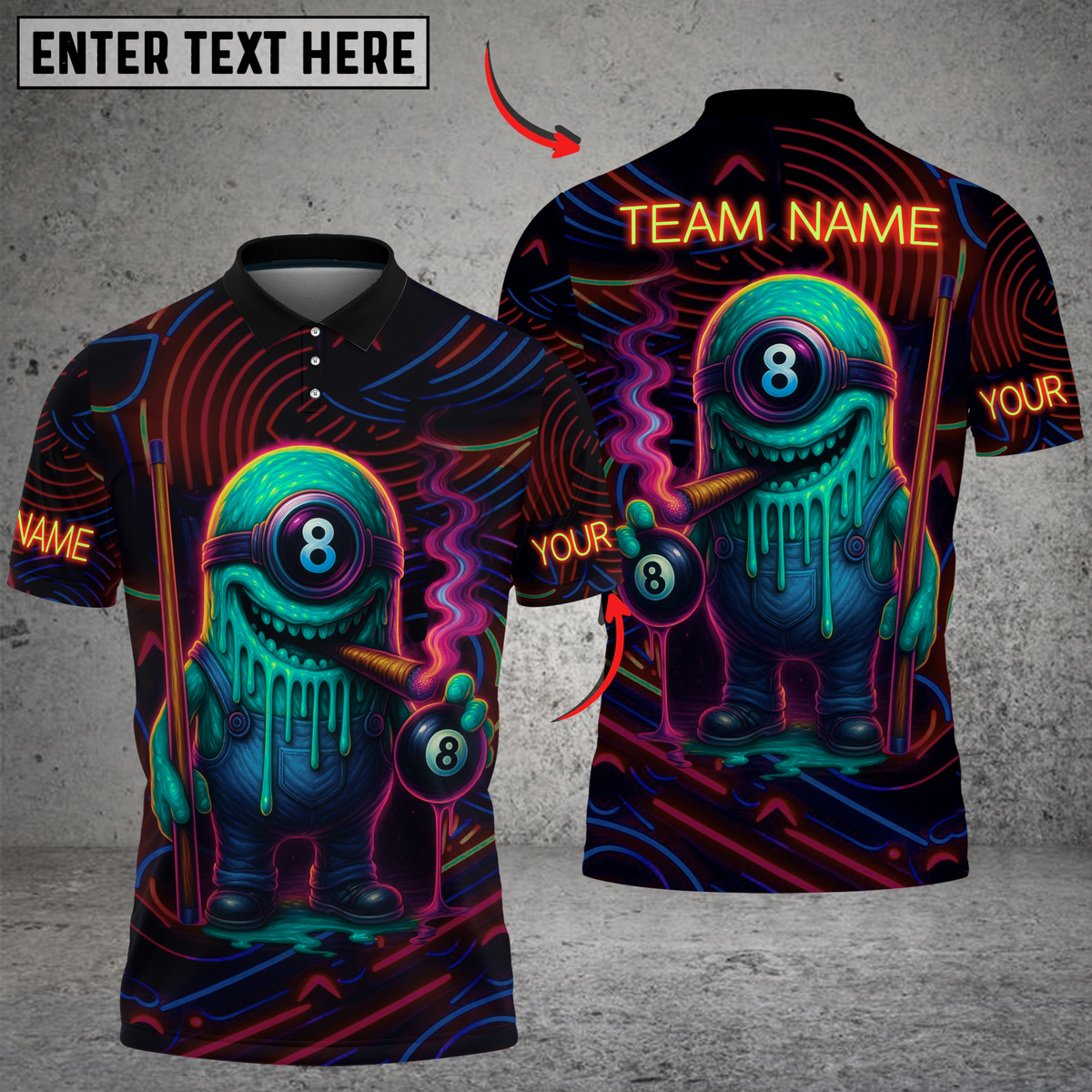 Blisscorners Billiards Neon Monster with 8-Ball Multicolor Customized Name, Team Name 3D Shirt
