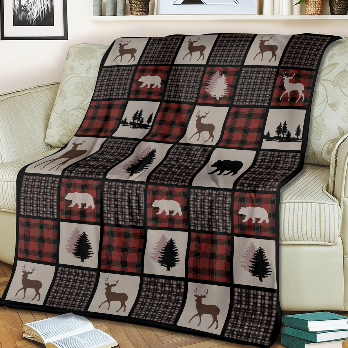 Blisscorners Rustic Hunting Cabin Fleece Blanket - Deer, Bear & Pine Tree - Cozy Gift for Hunters & Nature Lovers LM1611