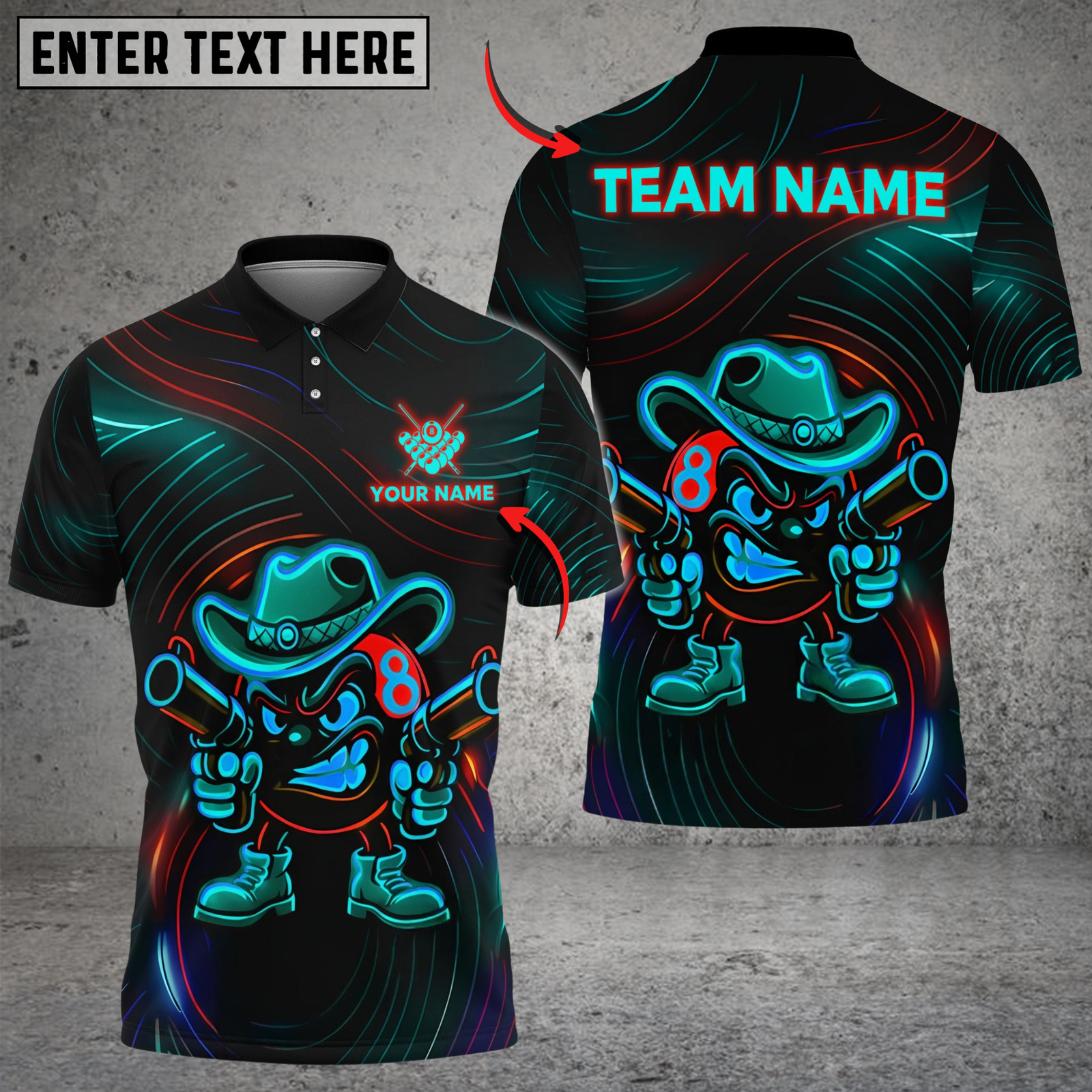 Blisscorners Billiards Ball 8 Neon Cowboy Customized Name, Team Name 3D Shirt (4 Colors)