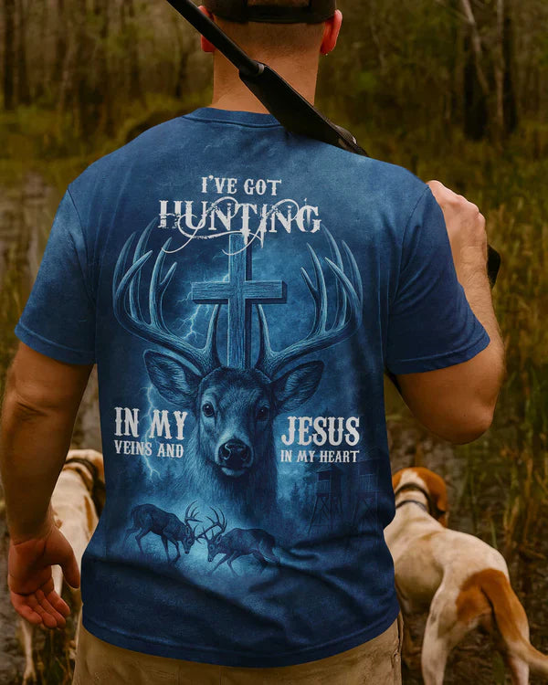 Blisscorners I've Got Hunting In My Veins And Jesus In My Heart Blue Shirt, Personalized Hunting 3D Shirt