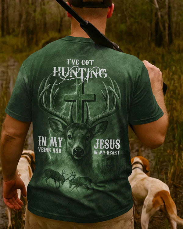Blisscorners I've Got Hunting In My Veins And Jesus In My Heart Green Shirt, Personalized Hunting 3D Shirt