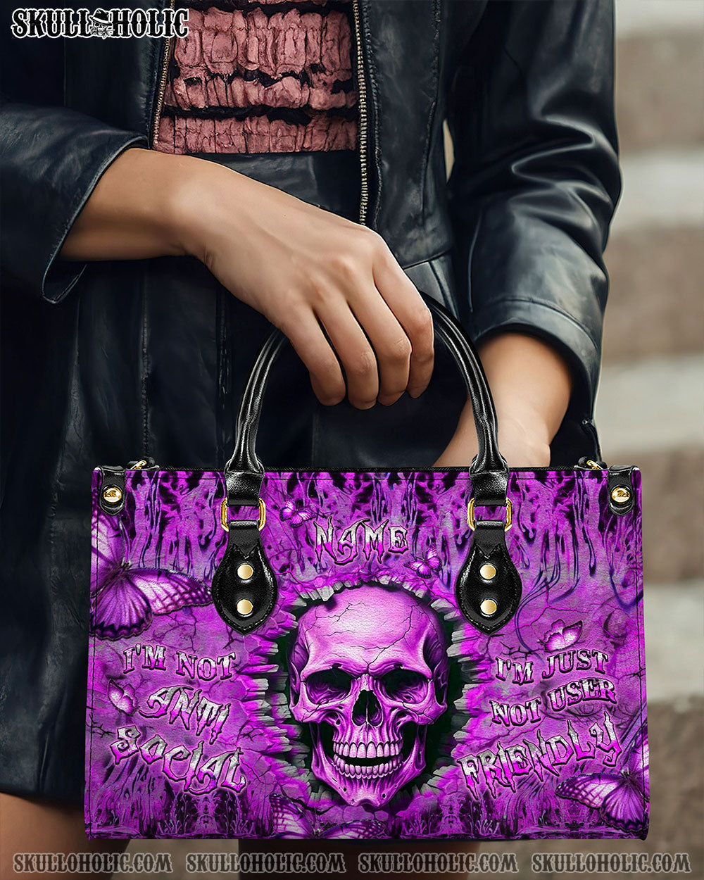 BLISSCORNERS I'M NOT ANTI-SOCIAL MAD REAPER SKULL LEATHER HANDBAG