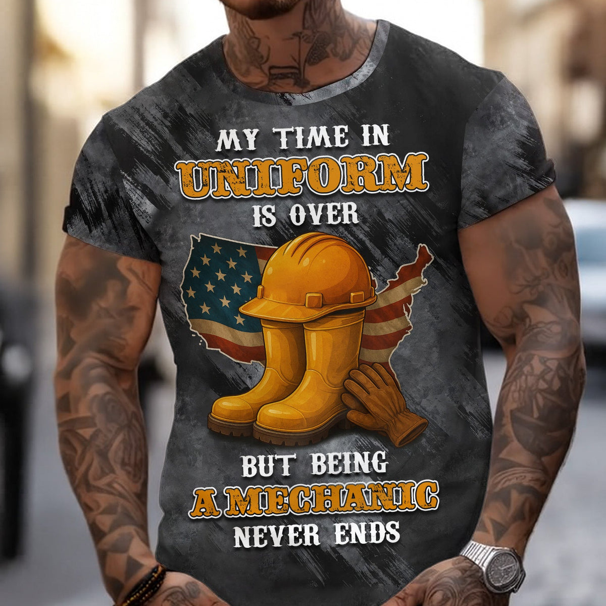Blisscorners Funny Mechanic T Shirt My Time In Uniform Is Over But Being A Mechanic Never Ends American Flag Auto Repair Garage Workwear Gift For Men Dad