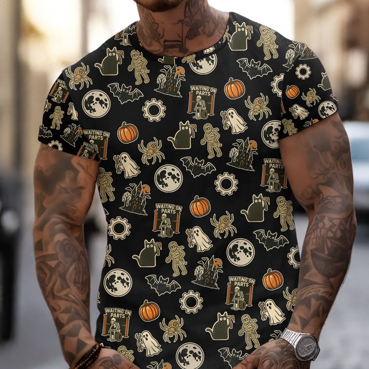 Blisscorners Funny Halloween Mechanic T Shirt, Spooky Pumpkin Ghost Mummy Spider Bat Moon Costume Tee Funny Scary Shirt for Mechanic