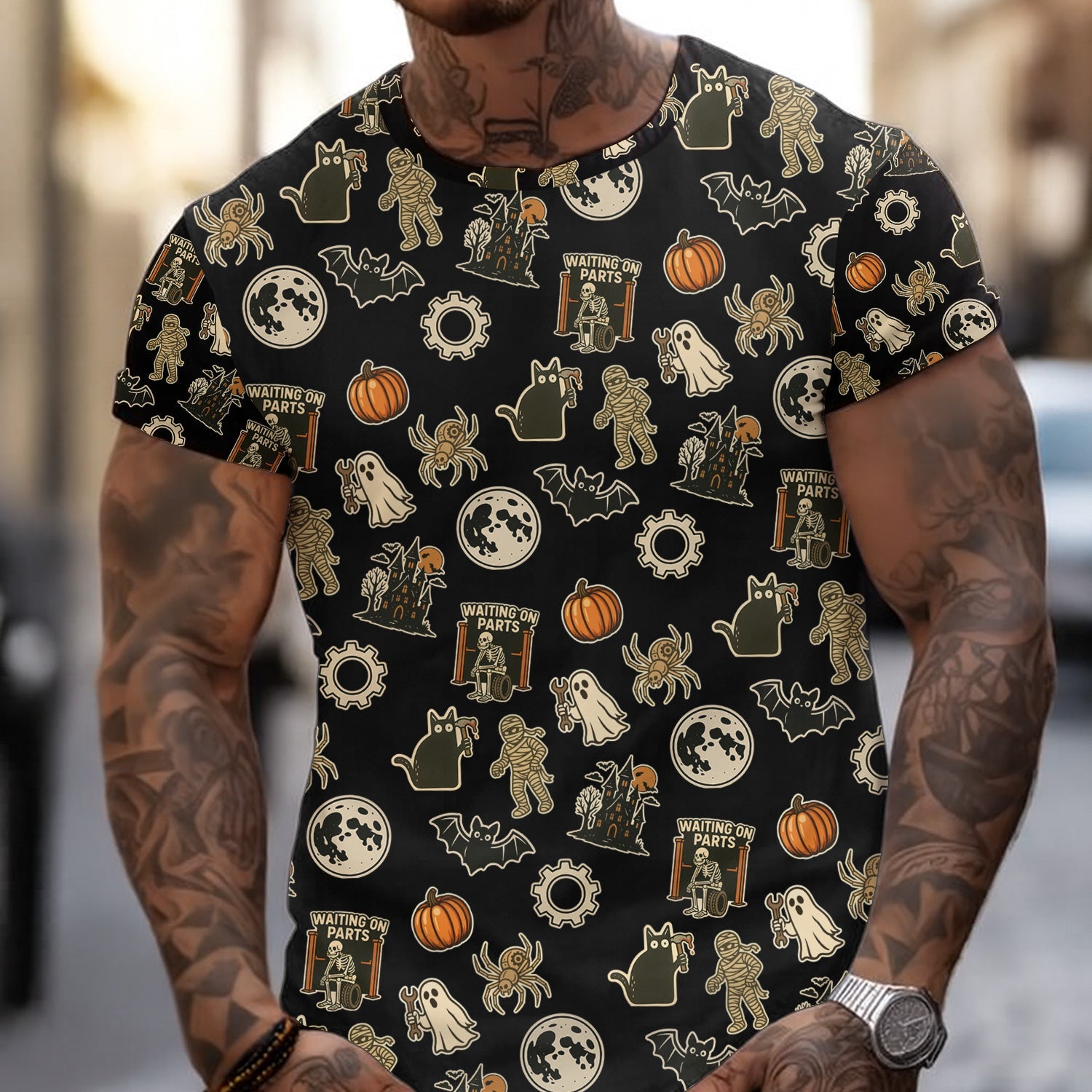 Blisscorners Funny Halloween Mechanic T Shirt, Spooky Pumpkin Ghost Mummy Spider Bat Moon Costume Tee Funny Scary Shirt for Mechanic