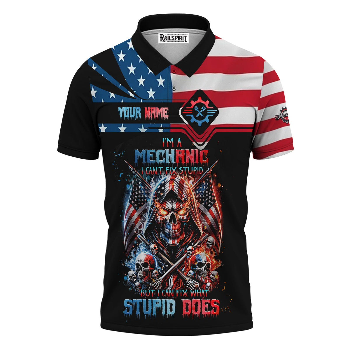 Blisscorners Custom Mechanic Shirt, Fix Stupid Design, Personalized Name, American Flag Skull Graphic, Funny Mechanic T-shirt for Men & Women