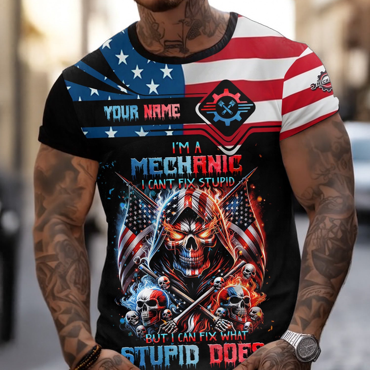 Blisscorners Custom Mechanic Shirt, Fix Stupid Design, Personalized Name, American Flag Skull Graphic, Funny Mechanic T-shirt for Men & Women