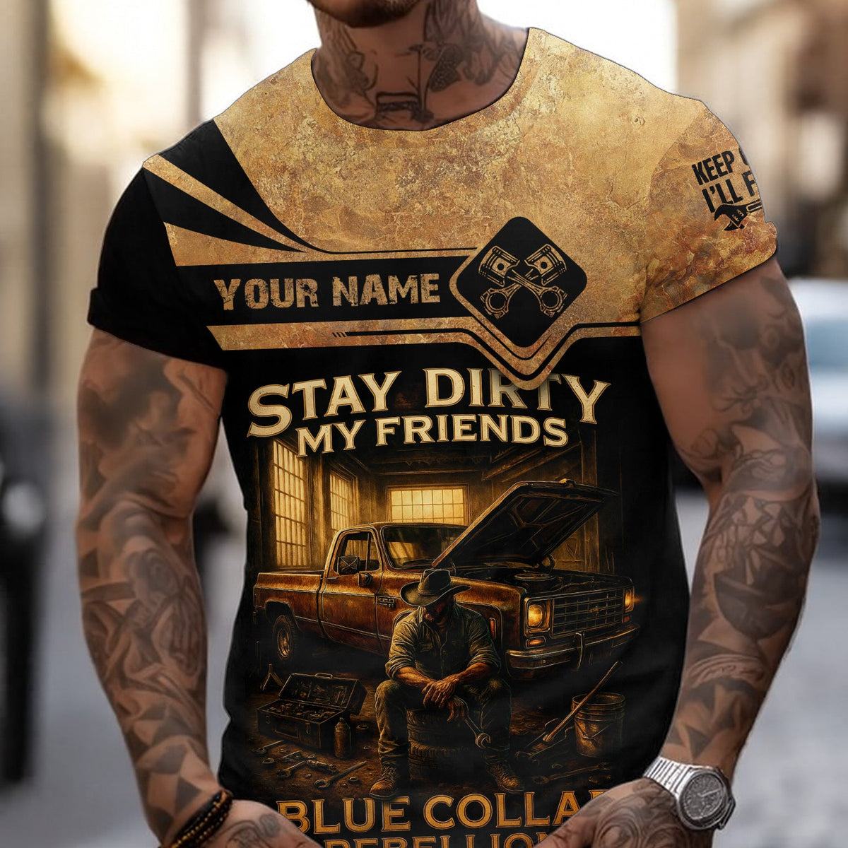 Blisscorners Customizable Name Mechanic Shirt, Stay Dirty My Friends Shirt, Blue Collar Rebellion, Mechanic &amp; Worker Shirt for Men, Unique Gift for Truck Lovers